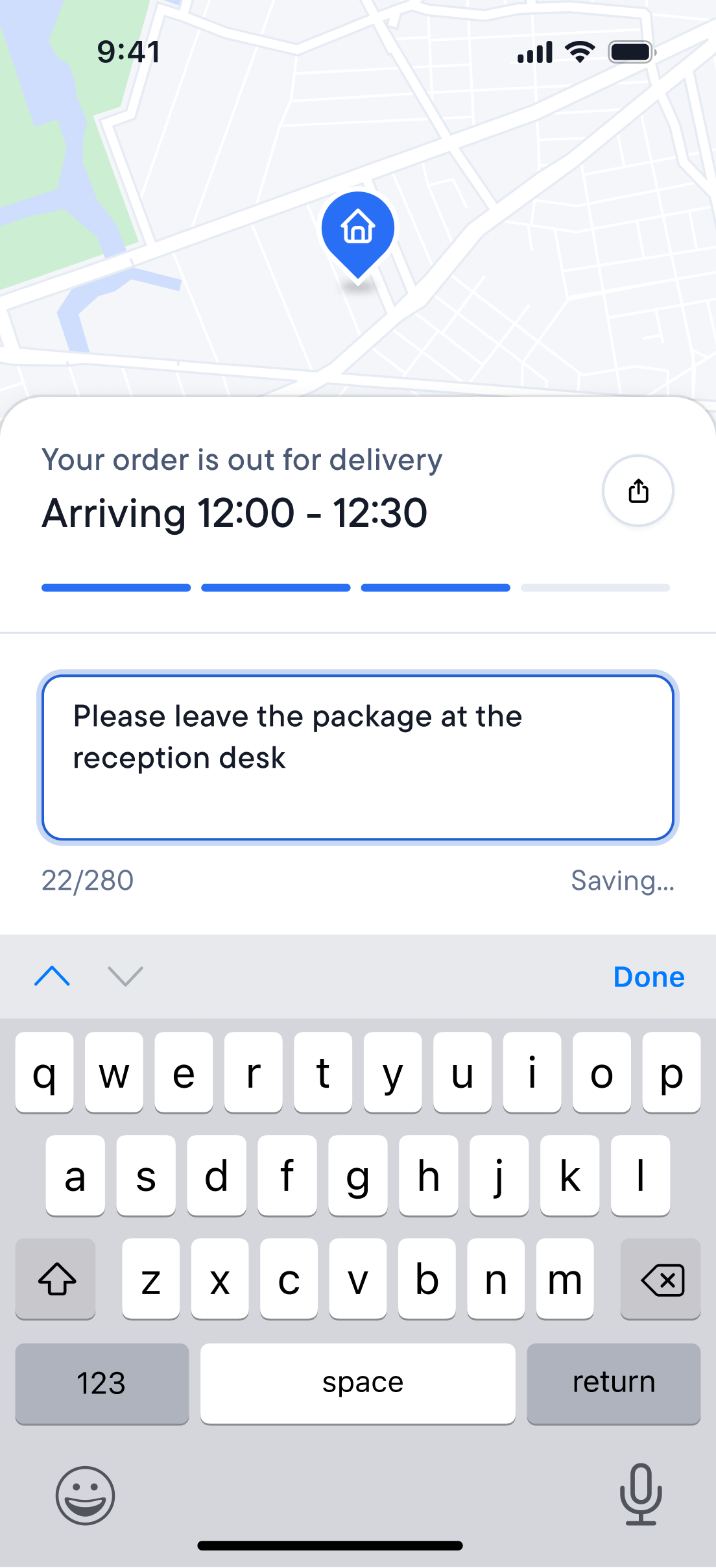 Package tracking screen showing a map, an order arriving 12:00-12:30, and a typed note for delivery: "Please leave the package at the reception desk."