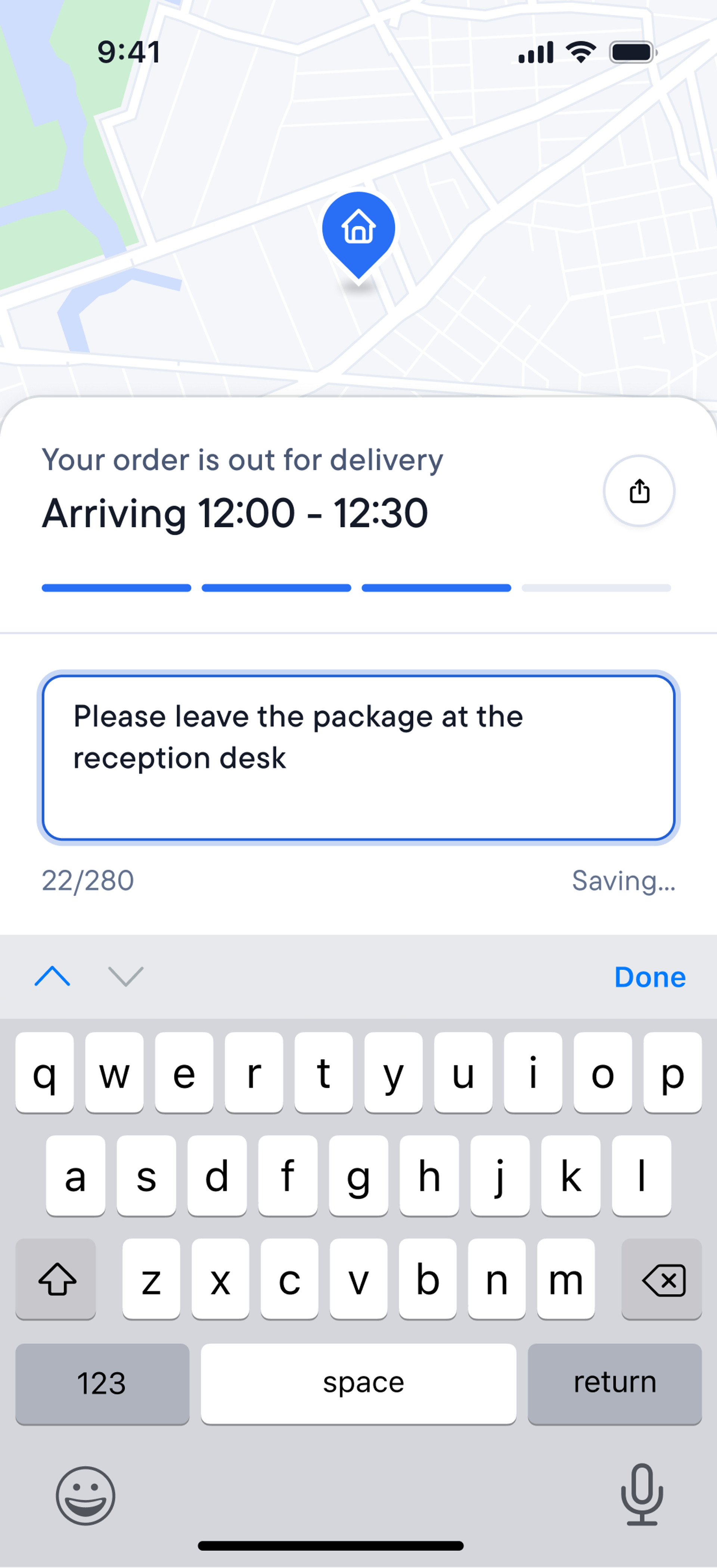Package tracking screen showing a map, an order arriving 12:00-12:30, and a typed note for delivery: "Please leave the package at the reception desk."