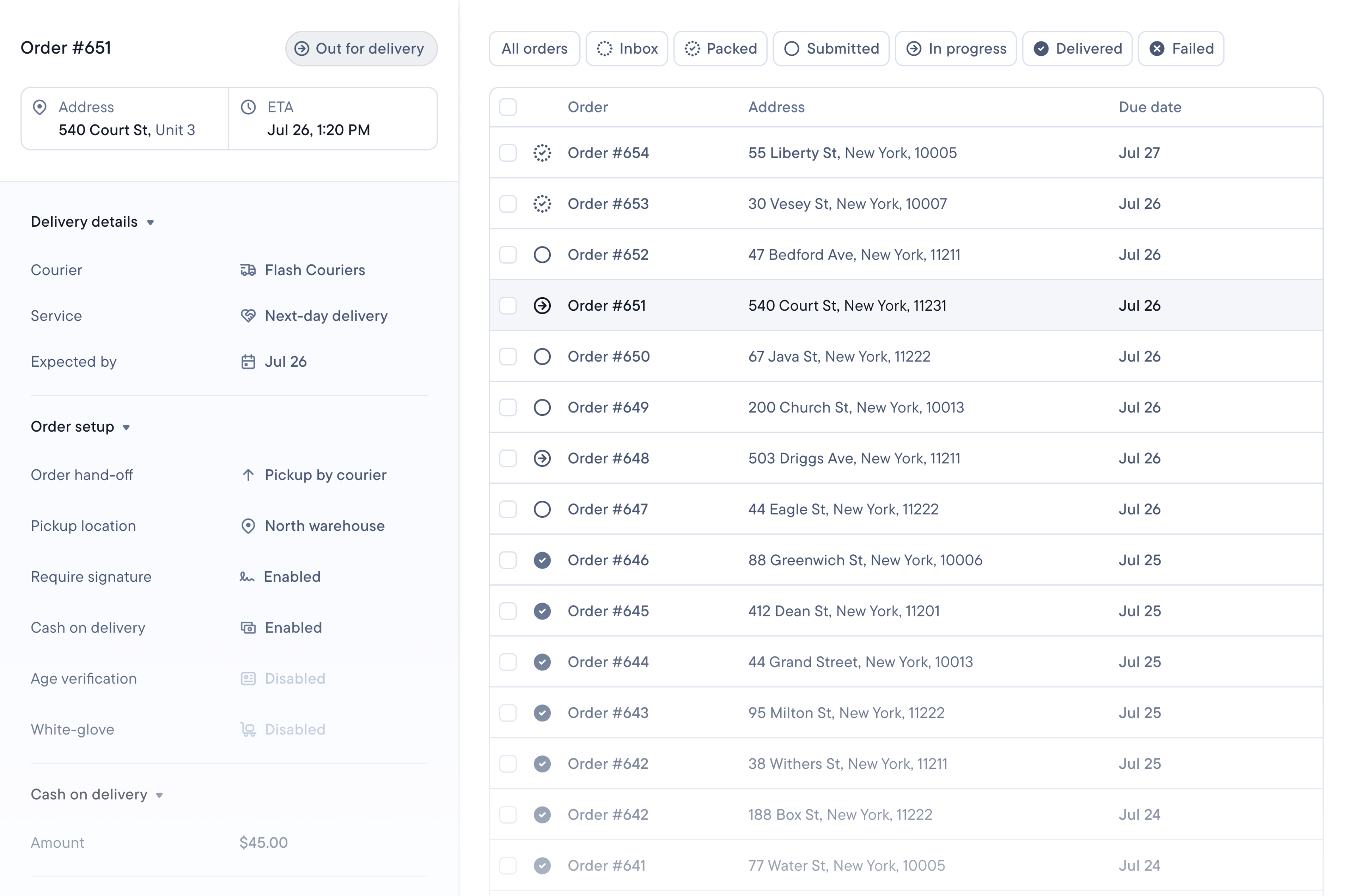 Interface displaying details for Order #651 on the left and an order list on the right.