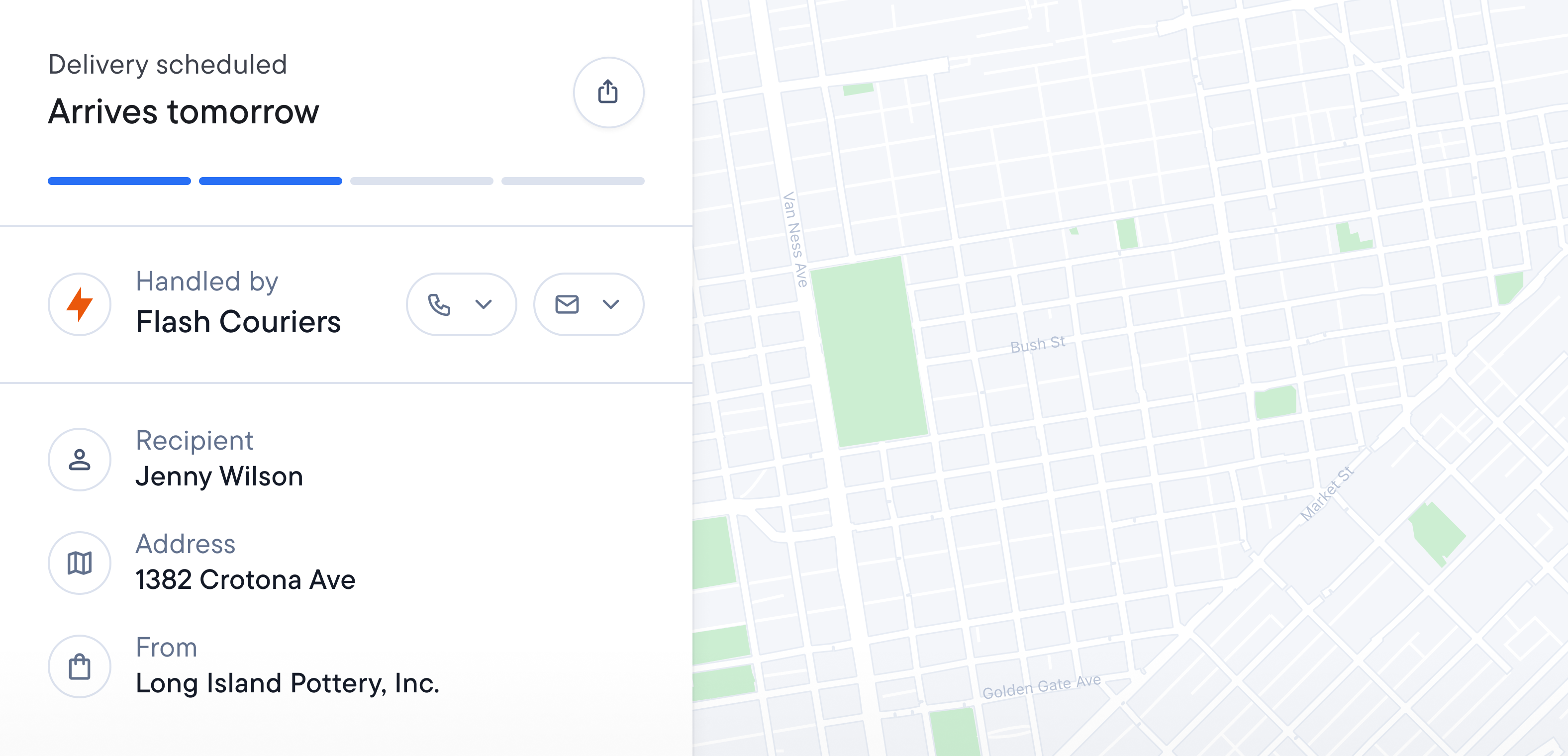 Delivery tracking interface showing courier's brand name and logo, recipient information and a map.