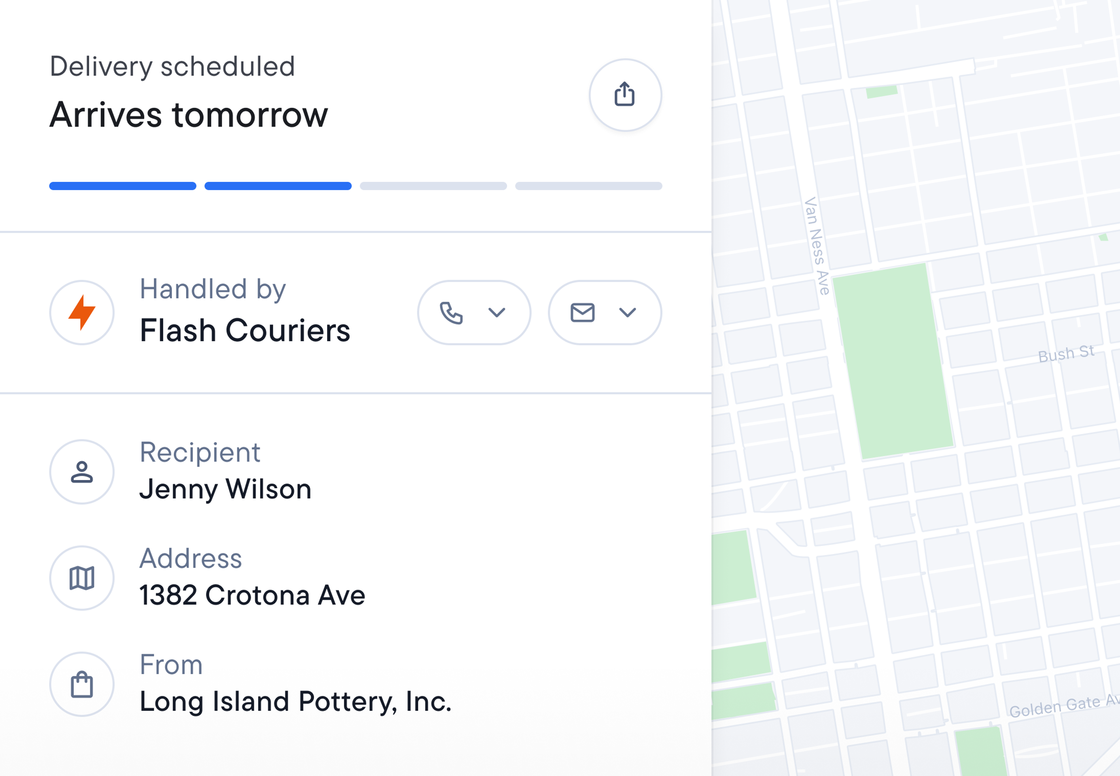Delivery tracking interface showing courier's brand name and logo, recipient information and a map.