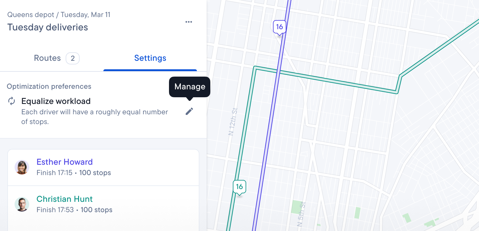 A delivery management interface showing "Equalize workload" settings, with two drivers assigned 100 stops each, overlaid on a map with corresponding routes.