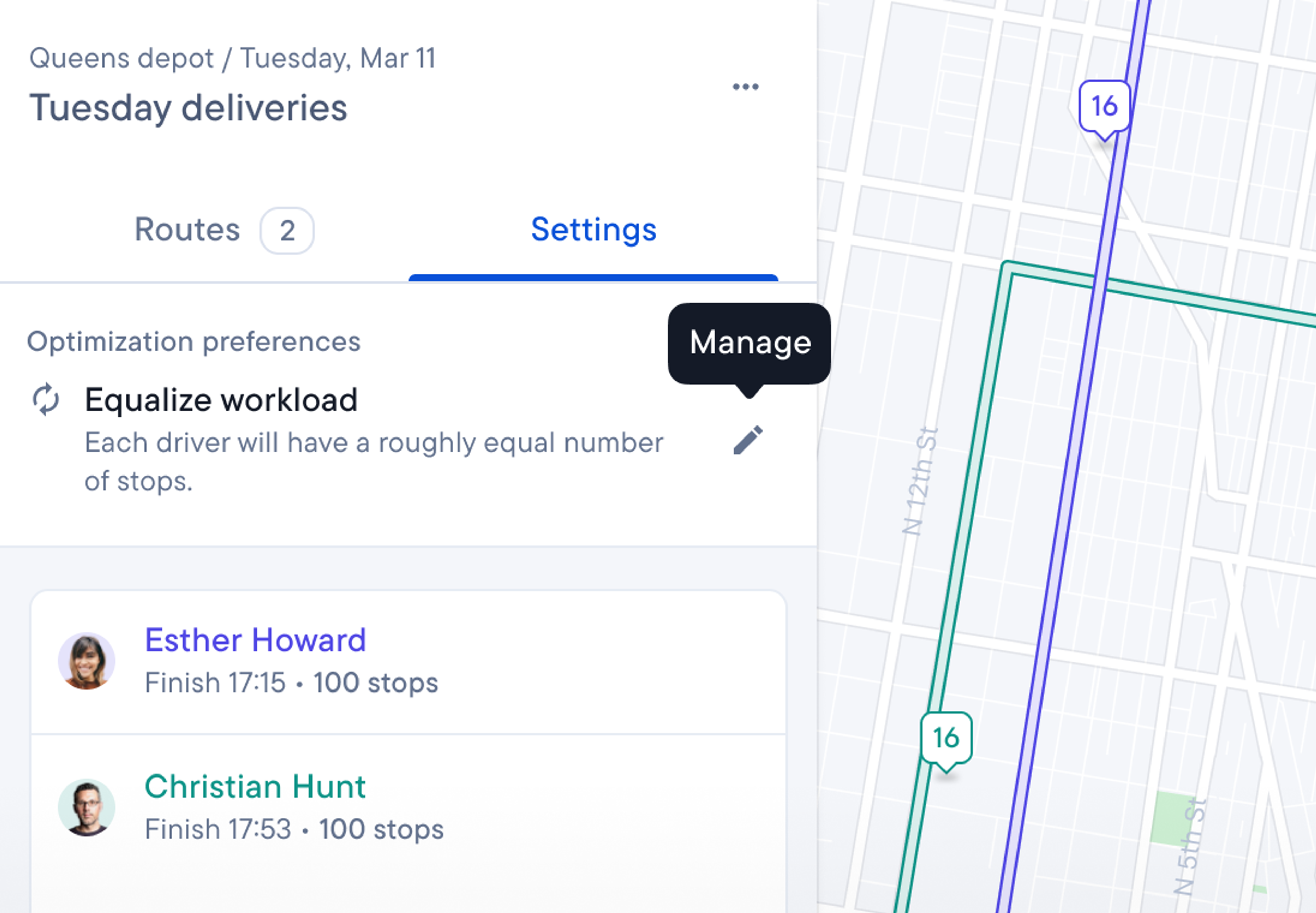 A delivery management interface showing "Equalize workload" settings, with two drivers assigned 100 stops each, overlaid on a map with corresponding routes.