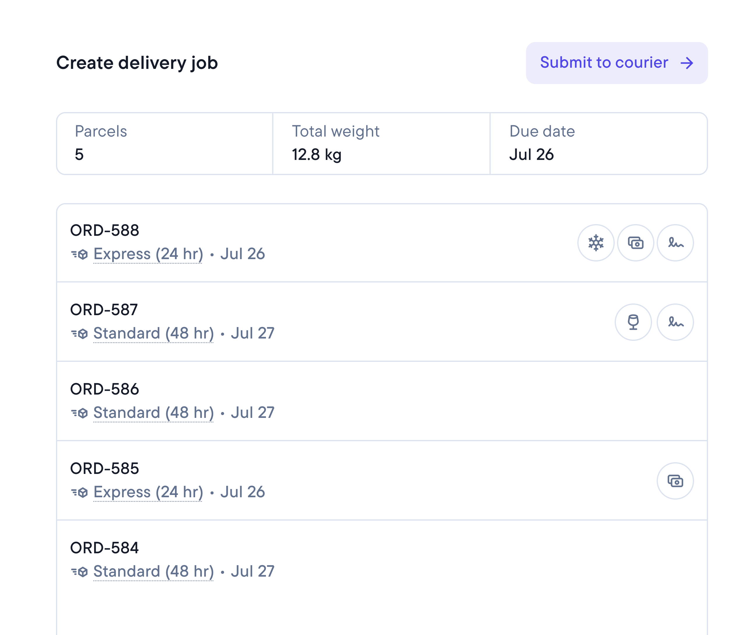 Delivery job creation interface showing 5 parcels, total 12.8 kg, due July 26, with a list of orders and a 'Submit to courier' button.