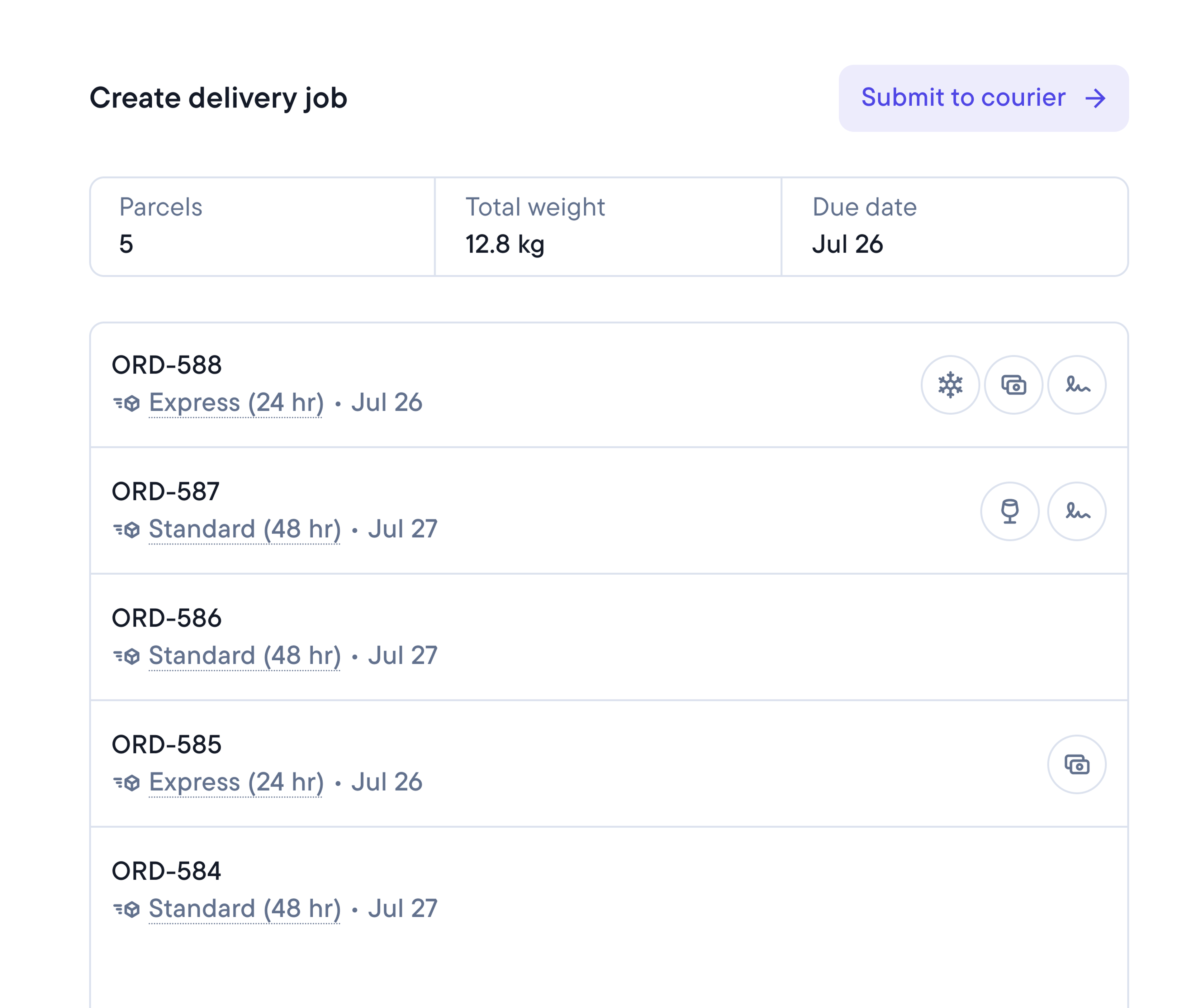 Delivery job creation interface showing 5 parcels, total 12.8 kg, due July 26, with a list of orders and a 'Submit to courier' button.