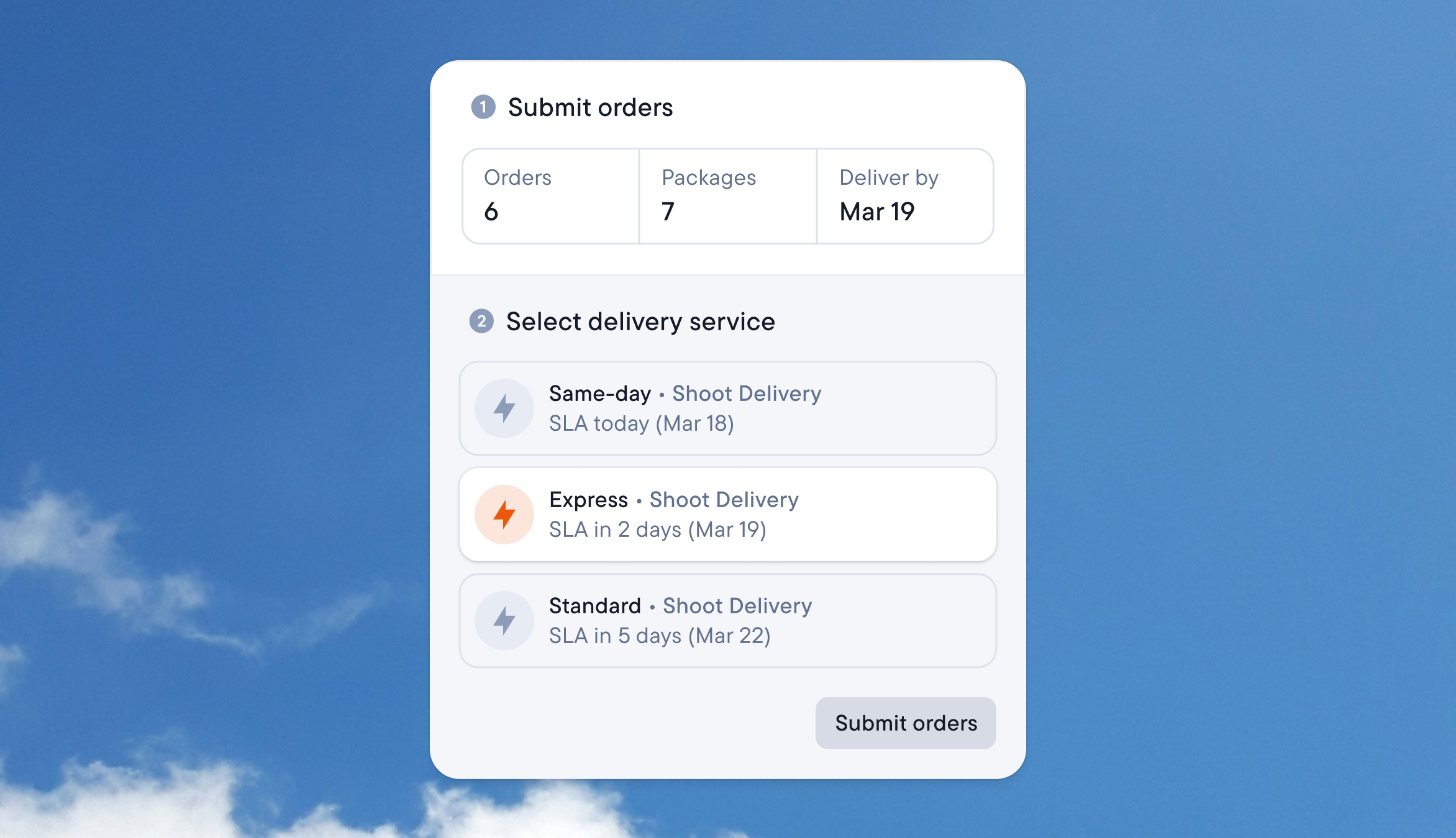 Order form where a client submits six orders and picks a delivery service: Same-day, Express, or Standard