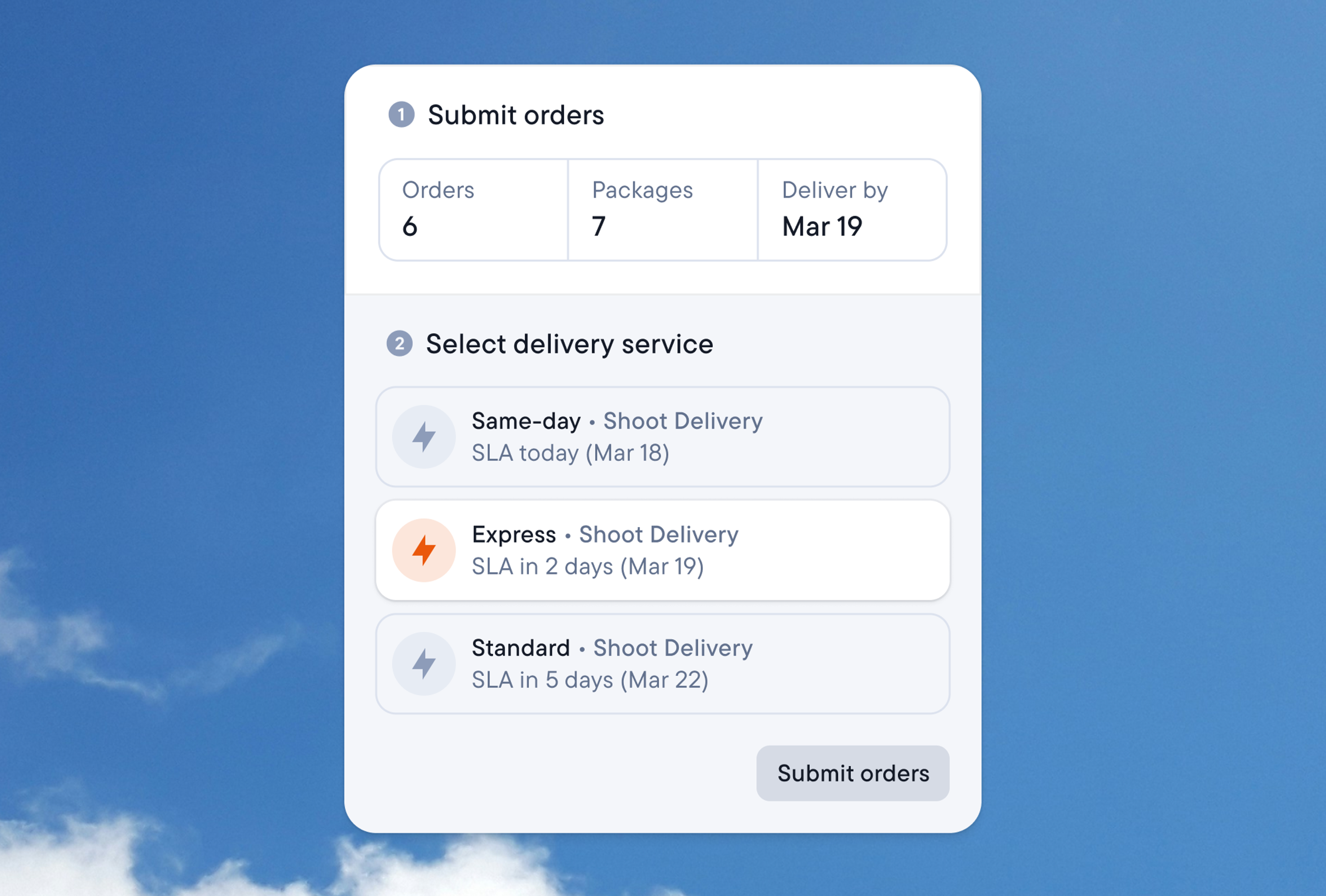 Order form where a client submits six orders and picks a delivery service: Same-day, Express, or Standard