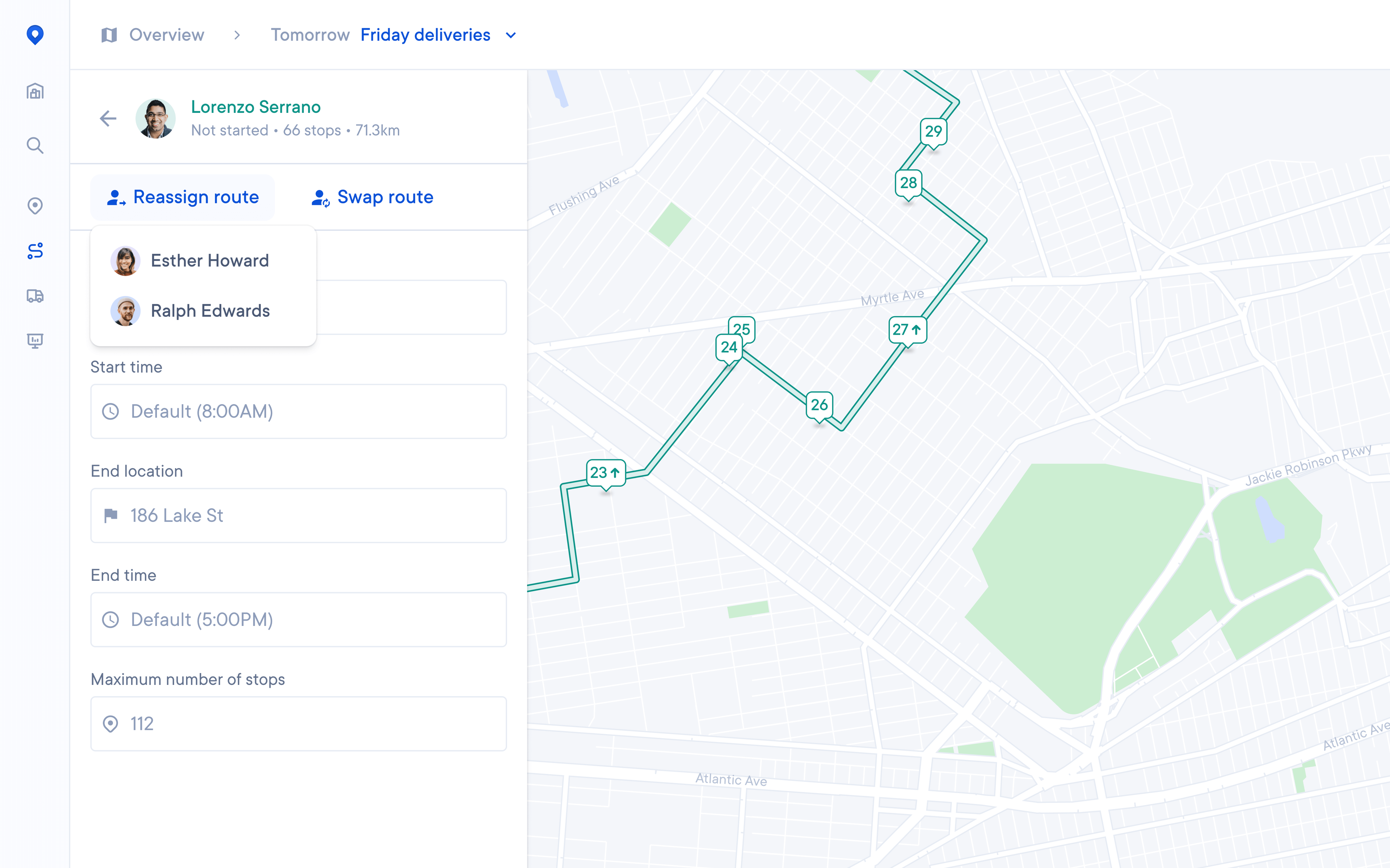 A split view for “Tomorrow Friday deliveries” showing on the left a sidebar for driver Lorenzo Serrano (Not started • 66 stops • 71.3 km) with “Reassign route” and “Swap route” buttons listing Esther Howard and Ralph Edwards, plus fields for start time, end location, end time, and max stops; on the right, a green polyline map of stops numbered 23–29.