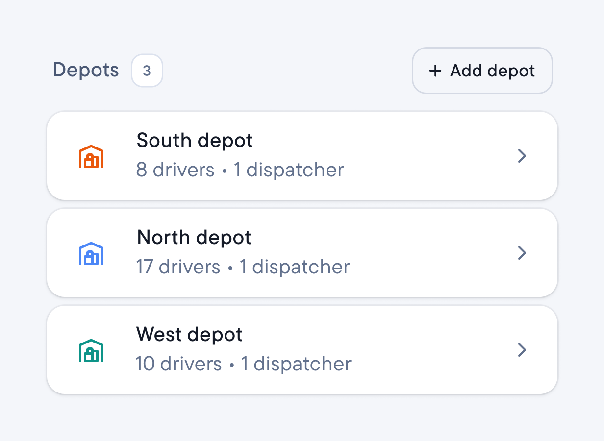 Depot list with South, North, and West depots and their drivers and dispatchers