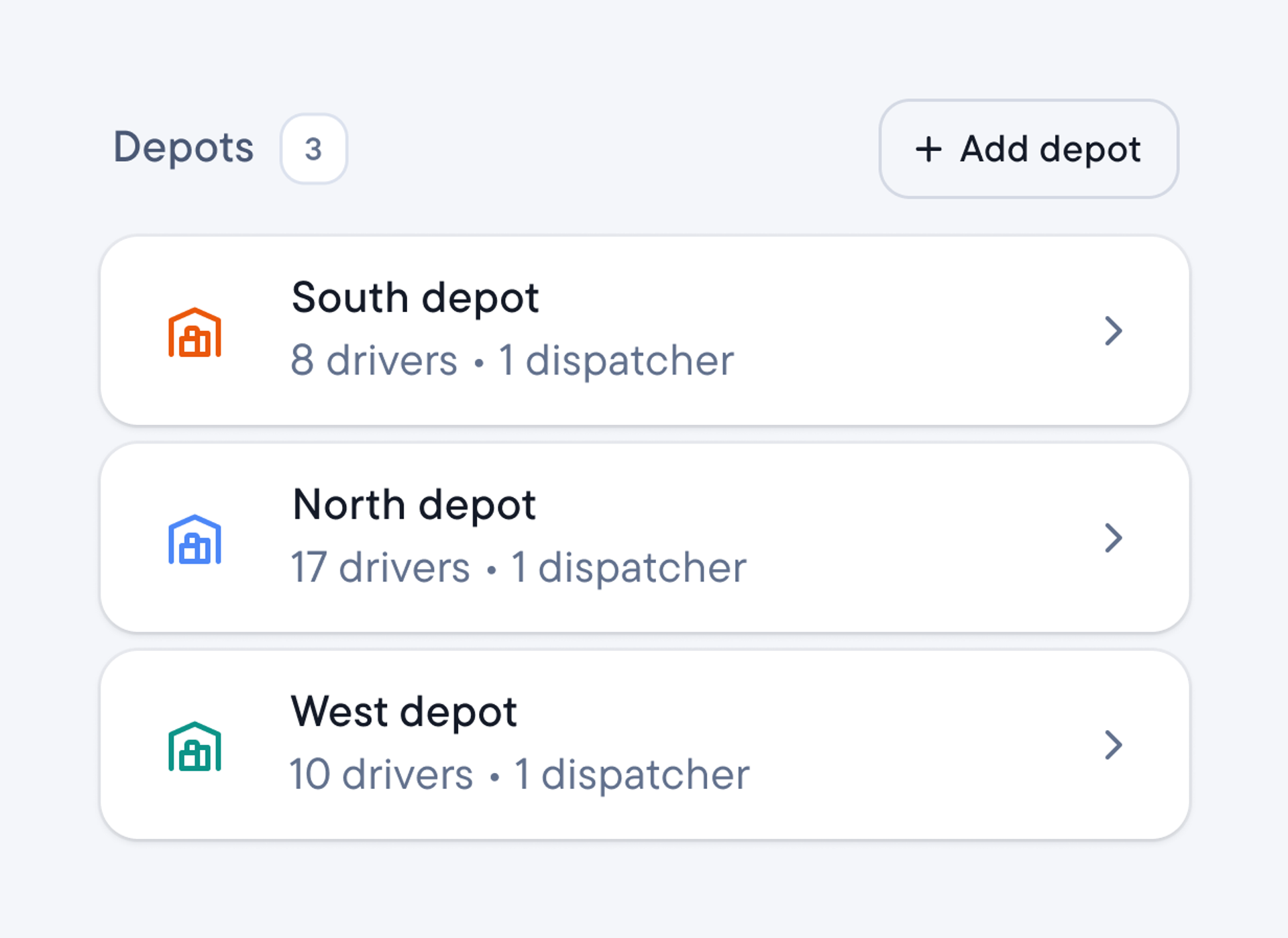 Depot list with South, North, and West depots and their drivers and dispatchers