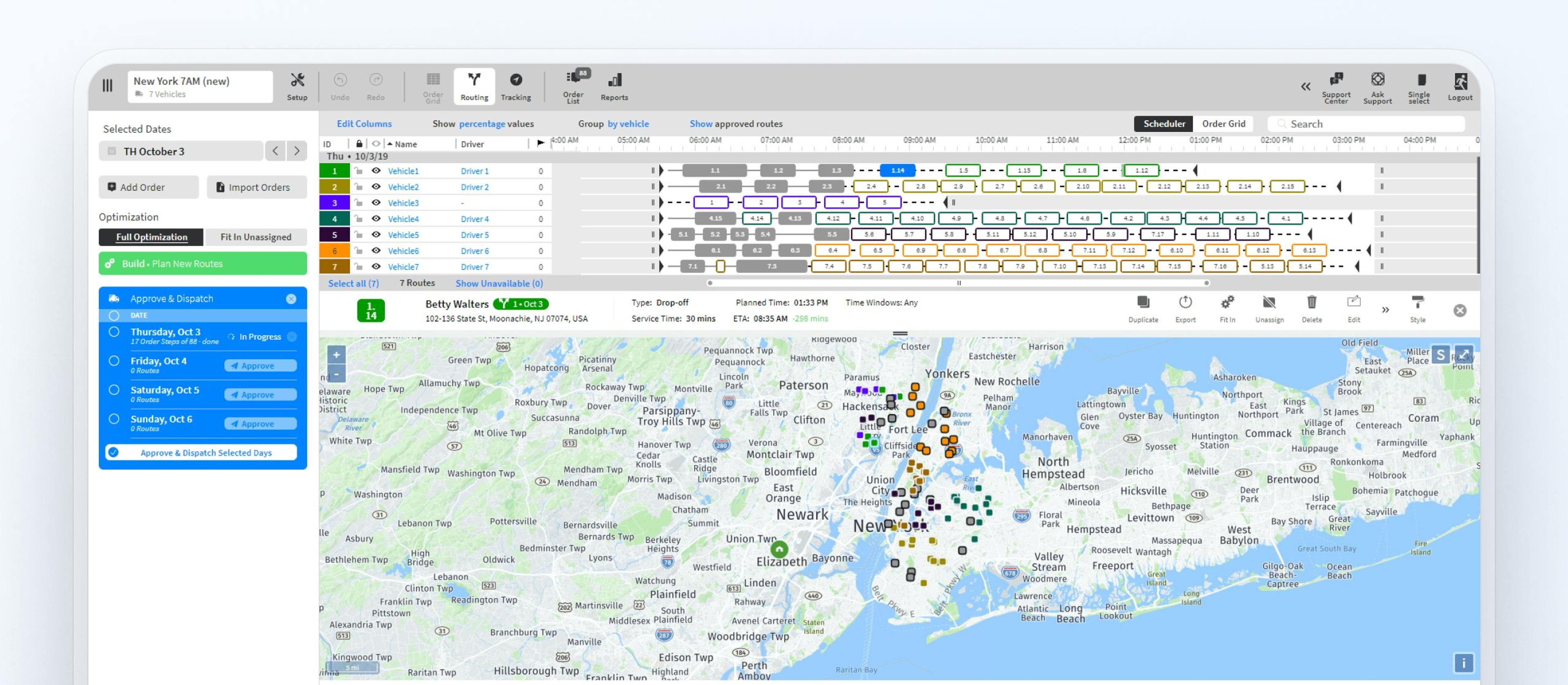 WorkWave RouteManager dashboard with delivery stops and drivers list