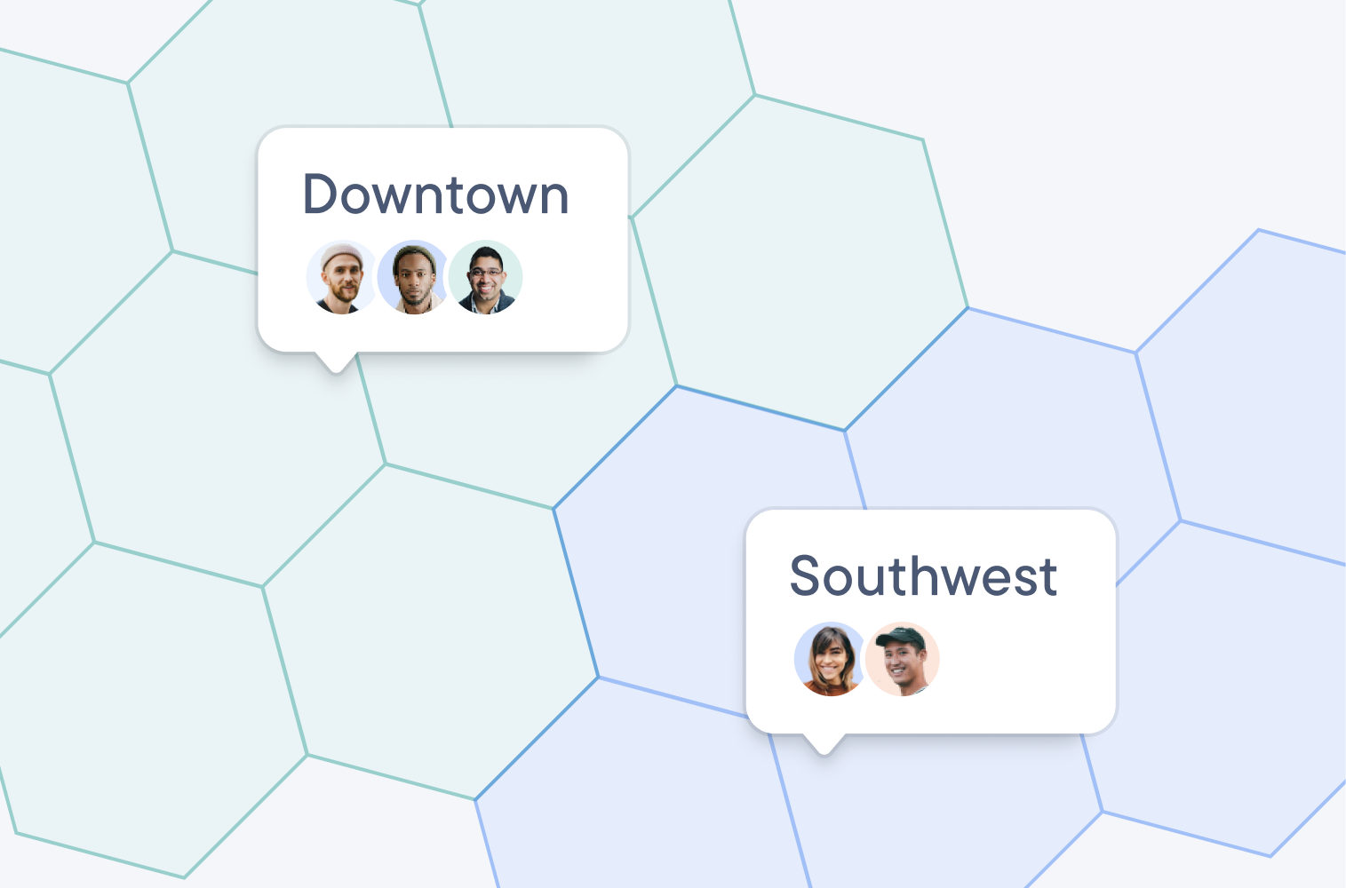 Map divided into Downtown and Southwest delivery zones with the drivers assigned to each