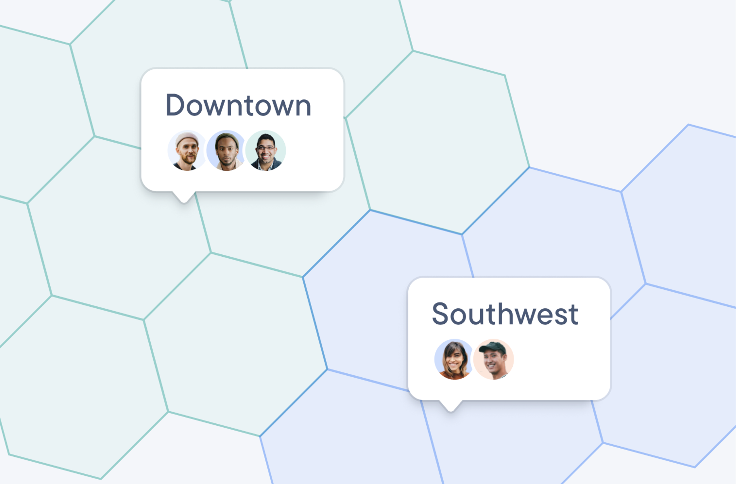 Map divided into Downtown and Southwest delivery zones with the drivers assigned to each