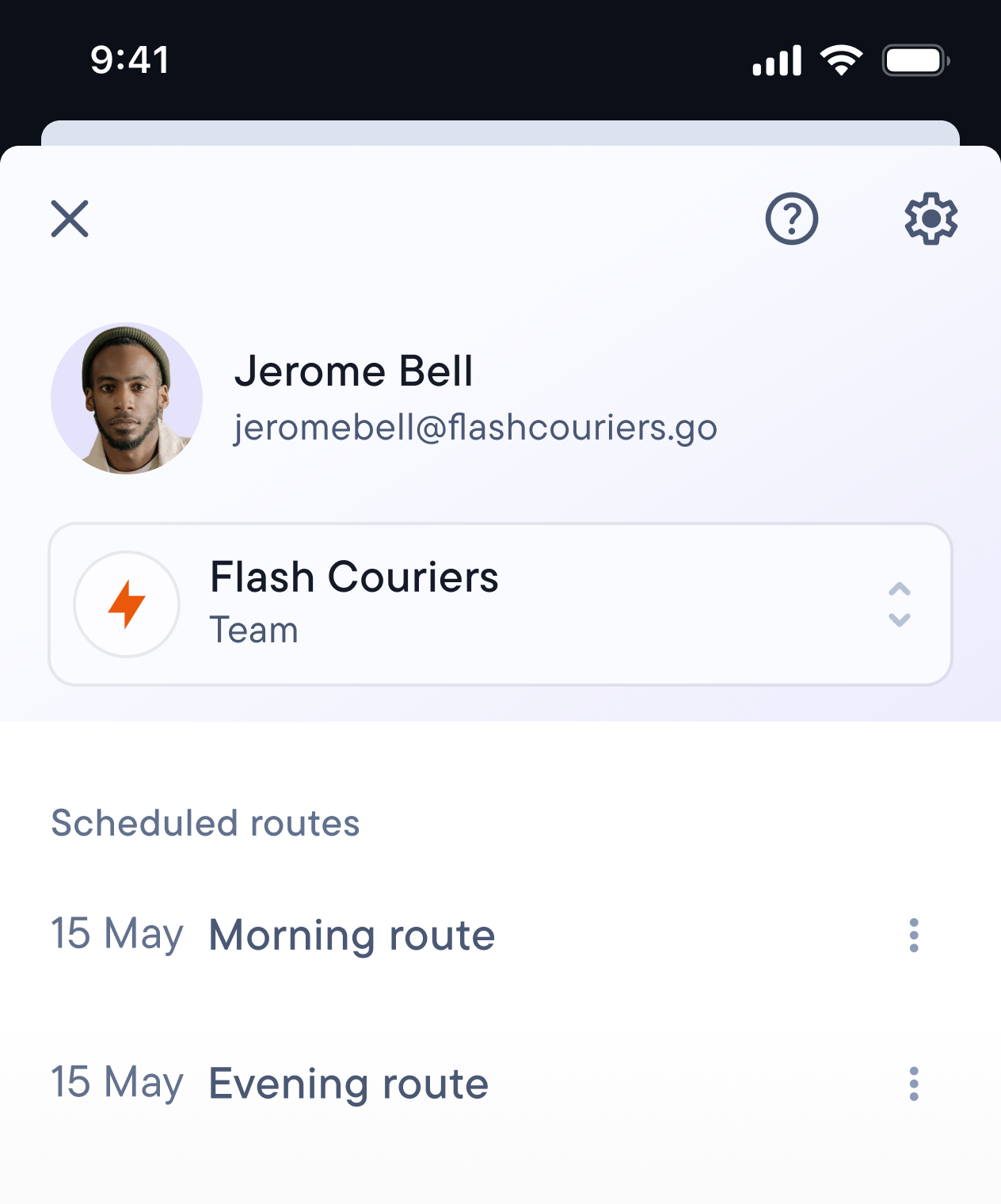 Mobile app screen showing driver's profile for Courier team, with scheduled routes