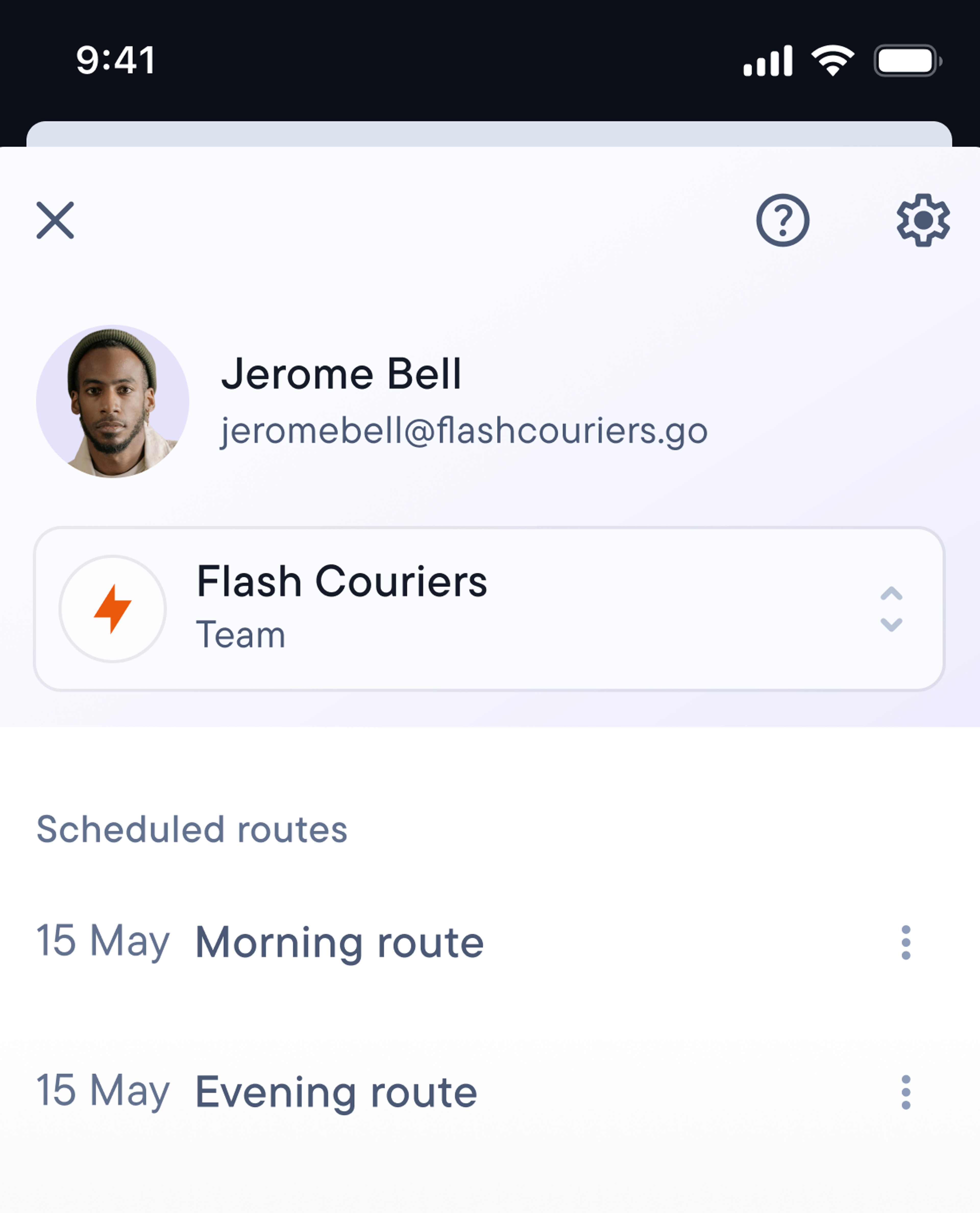 Mobile app screen showing driver's profile for Courier team, with scheduled routes
