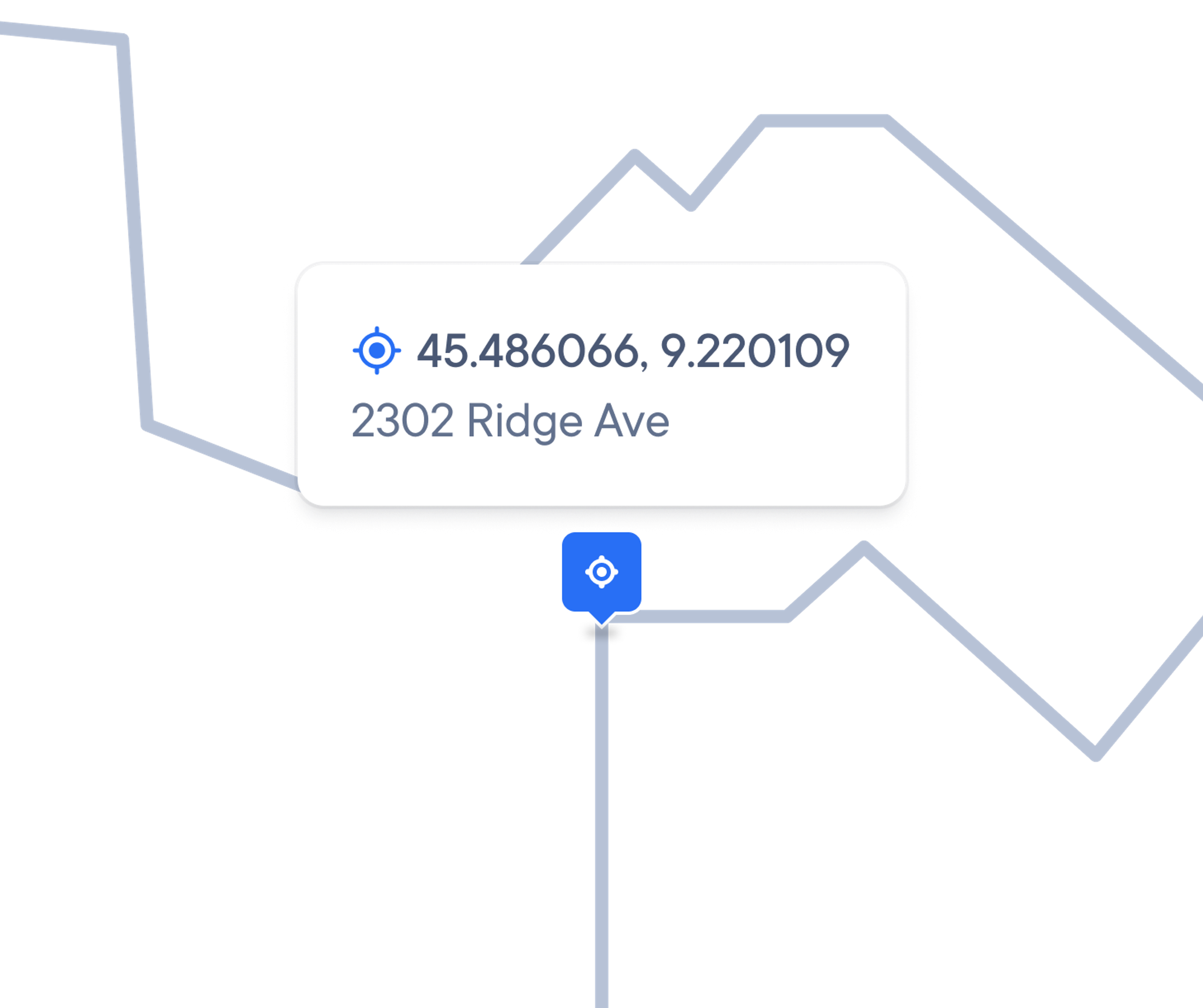 Pinpointed delivery location labeled ‘2302 Ridge Ave’ with GPS coordinates 45.486066, 9.220109 displayed on a routing map.