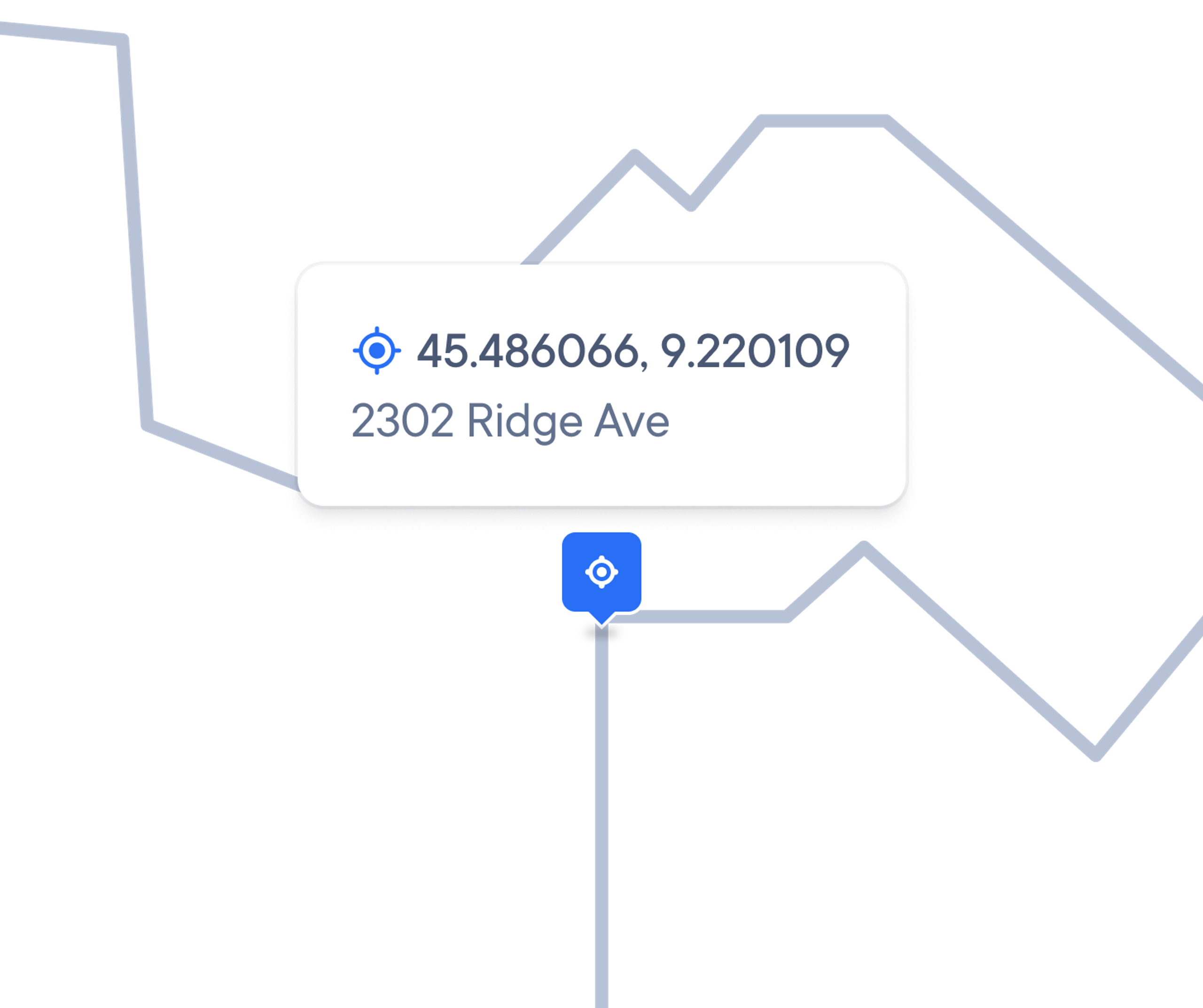 Pinpointed delivery location labeled ‘2302 Ridge Ave’ with GPS coordinates 45.486066, 9.220109 displayed on a routing map.