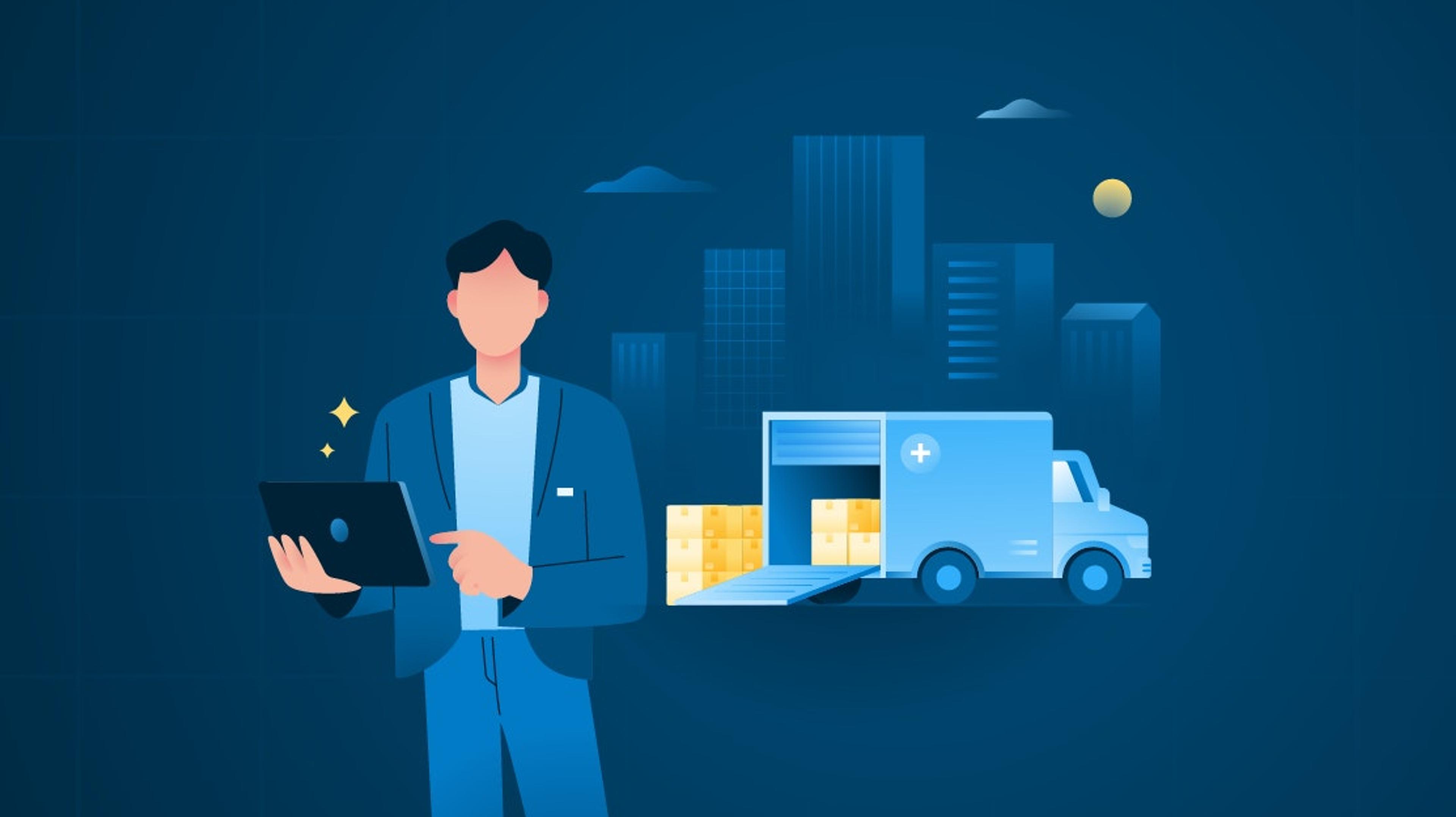 Illustration of a man using a tablet next to a delivery truck with an open cargo area in an urban setting