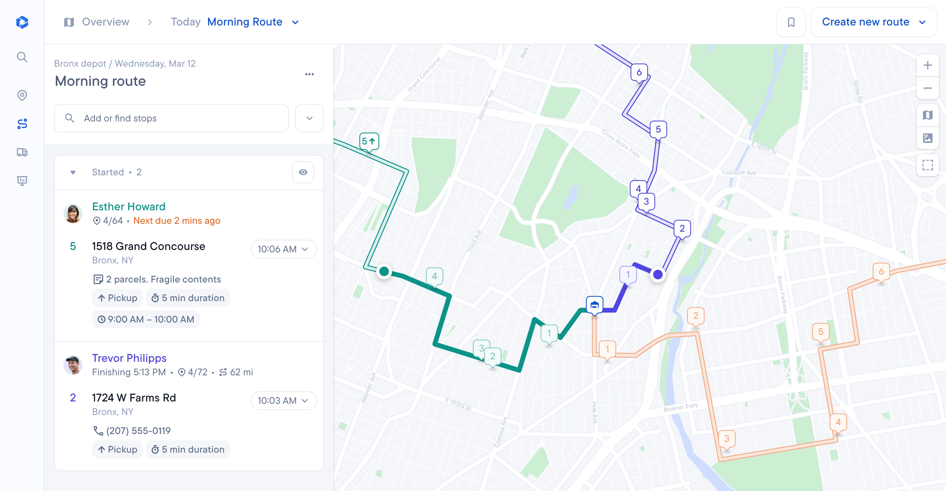 A delivery route management app interface showing a map with multiple colored routes and numbered stops, alongside a panel listing stop details for drivers.