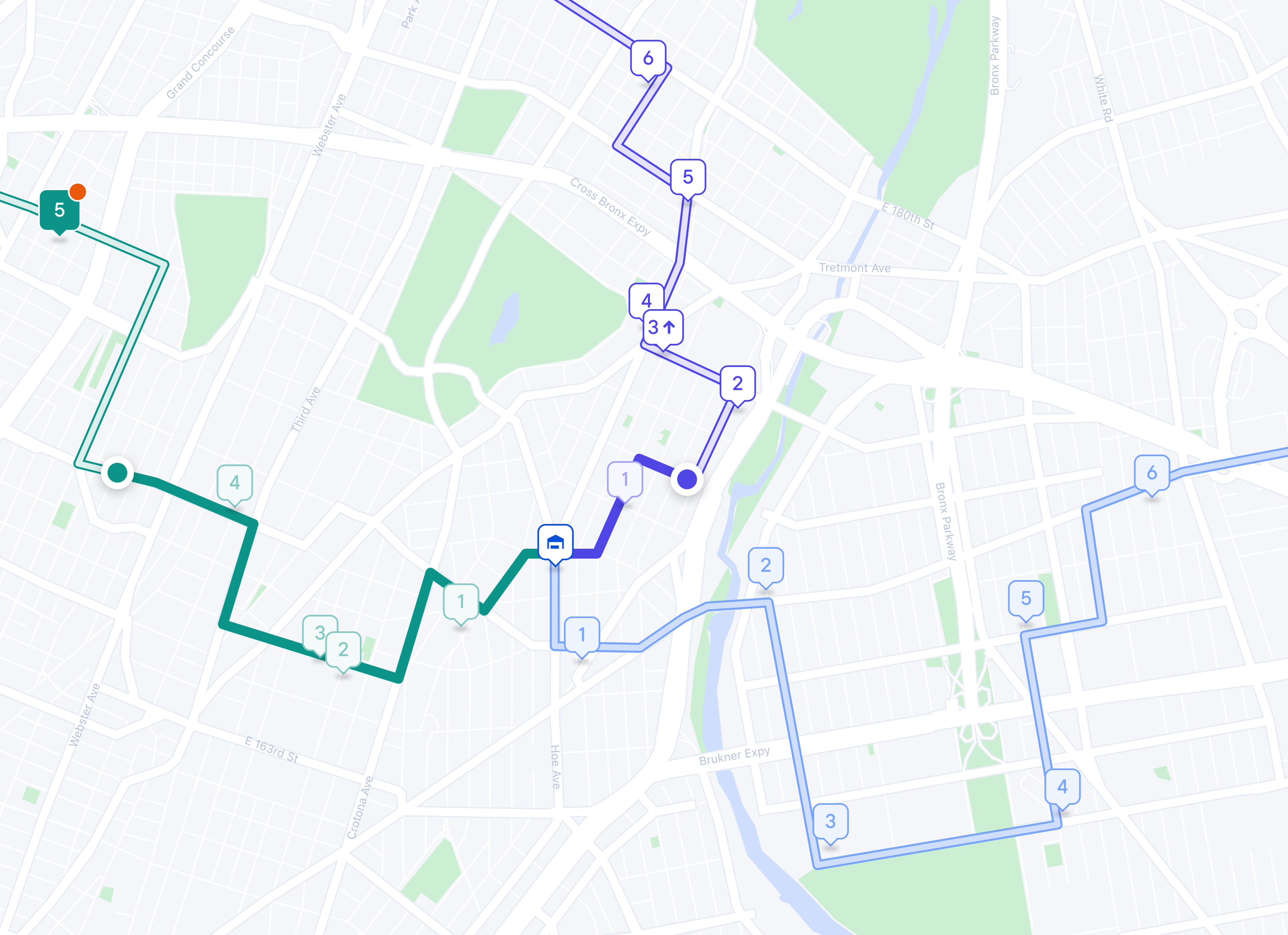 A map showing three multi-segment routes with numbered stops in different colors (teal, dark purple, and light blue) over city streets and parks.