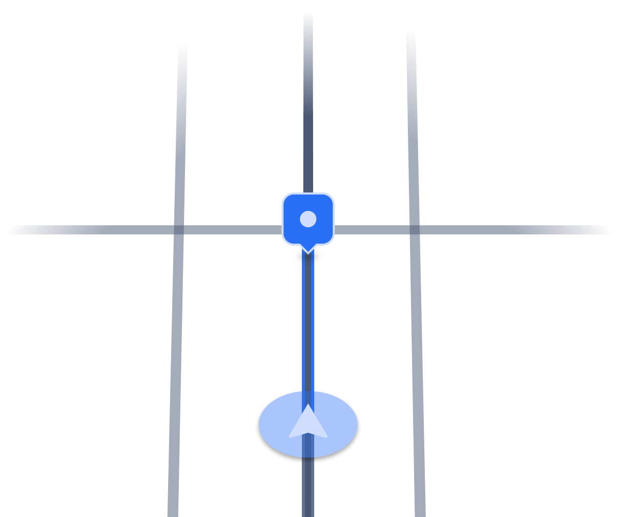 Minimalistic GPS-style interface showing a navigation arrow aligned with a blue pin on a simplified street grid, indicating a fixed, linear route control.