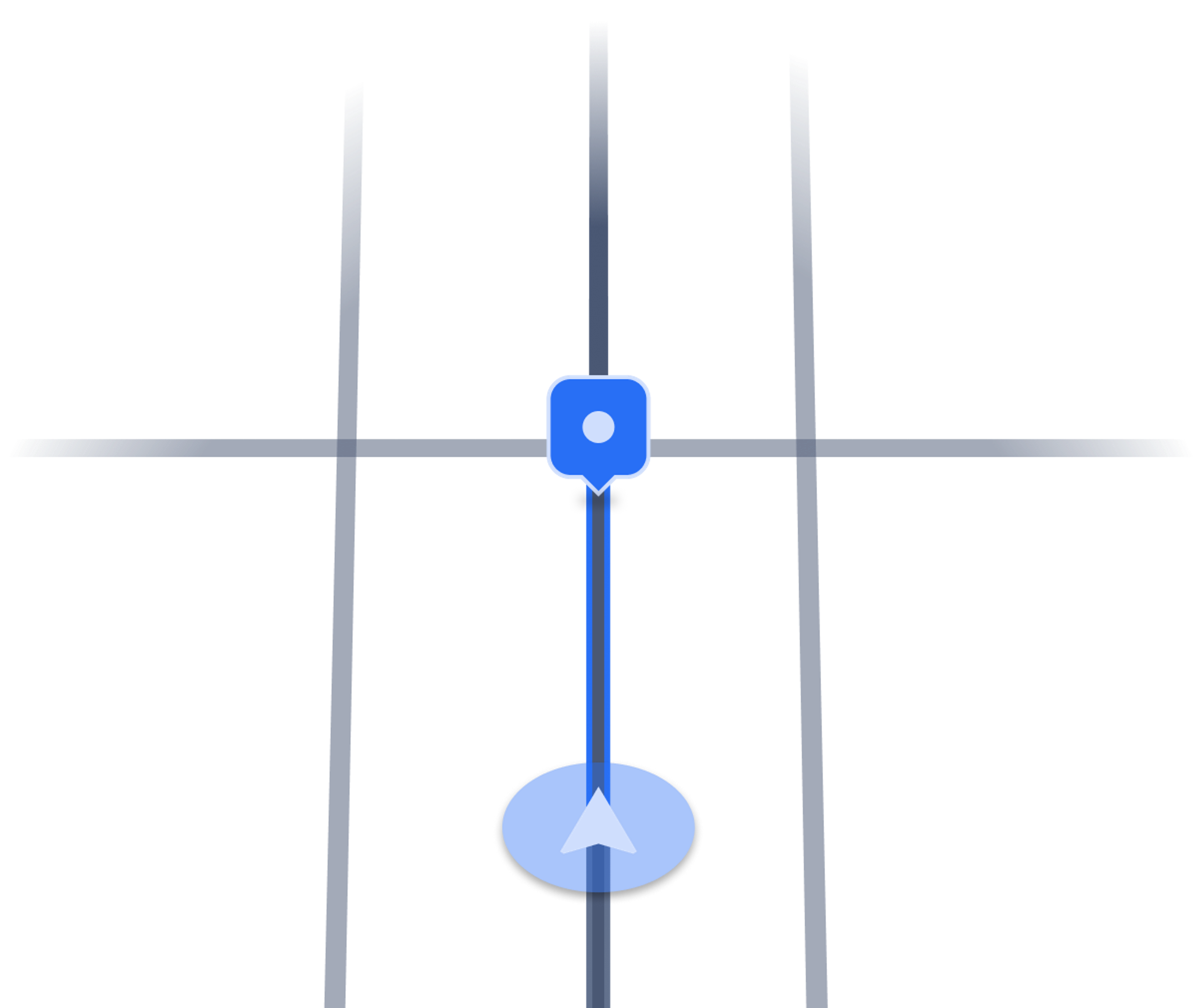 Minimalistic GPS-style interface showing a navigation arrow aligned with a blue pin on a simplified street grid, indicating a fixed, linear route control.
