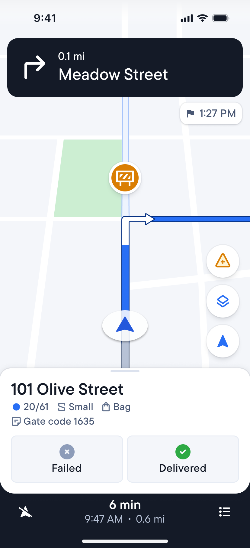 Spoke Route Planner showing a map, turn instructions for Meadow Street, delivery details for 101 Olive Street including a gate code, and buttons to mark delivery as Failed or Delivered.