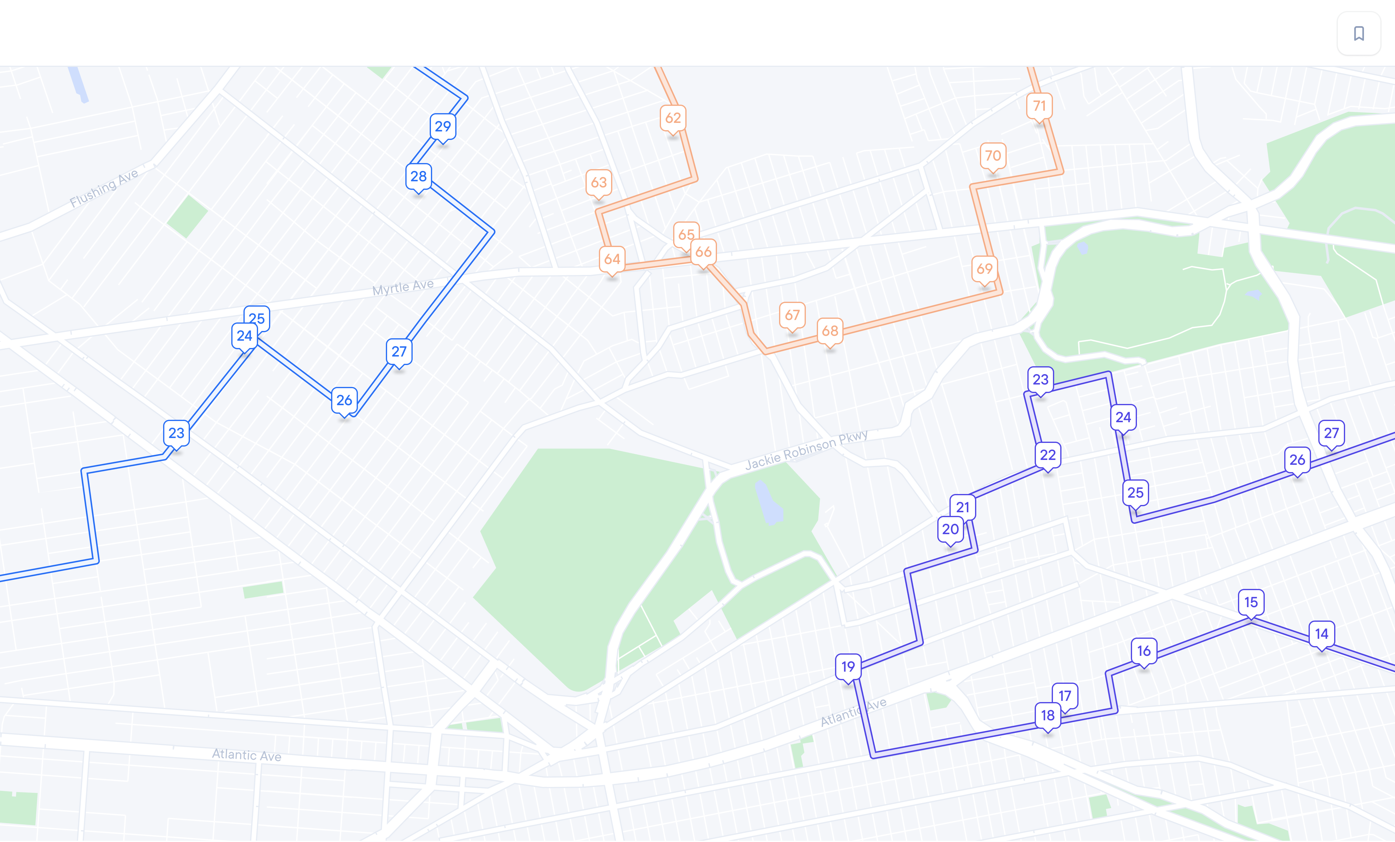 Map of three color-coded routes with numbered stops.