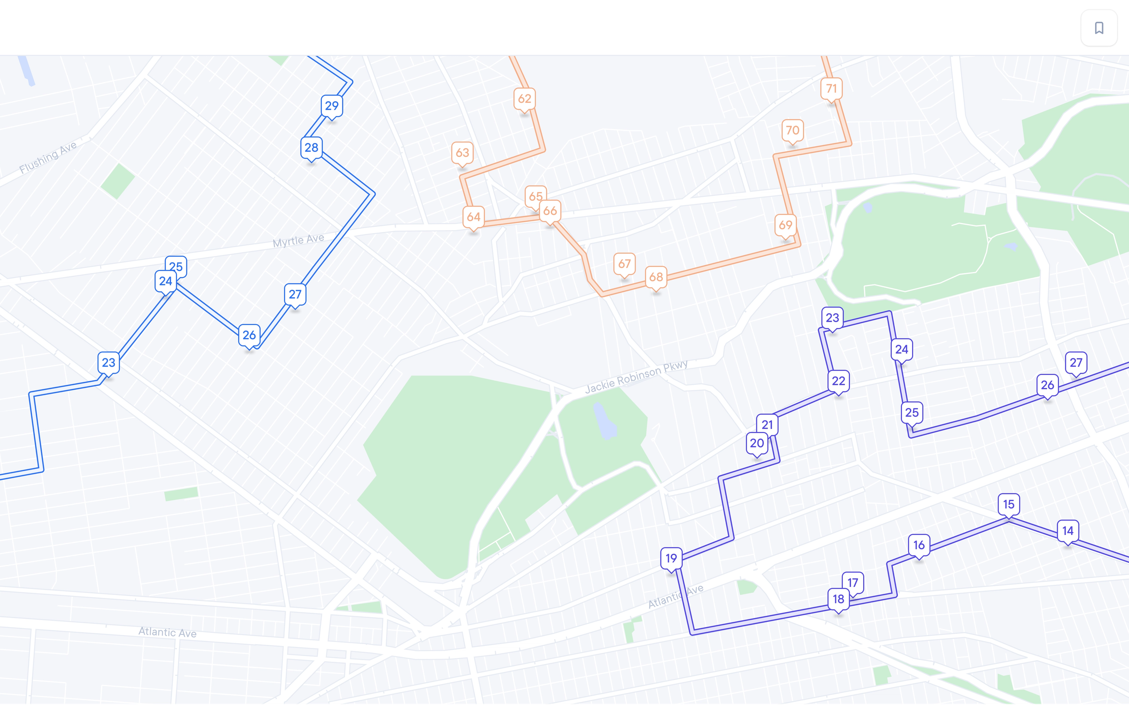 Map of three color-coded routes with numbered stops.