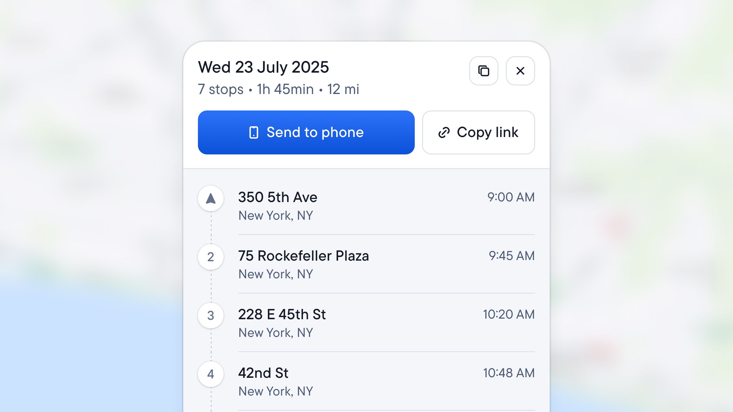 A route plan showing multiple stops in New York City with estimated arrival times, totaling 7 stops, 1h 45min, and 12 miles for Wednesday, July 23, 2025.