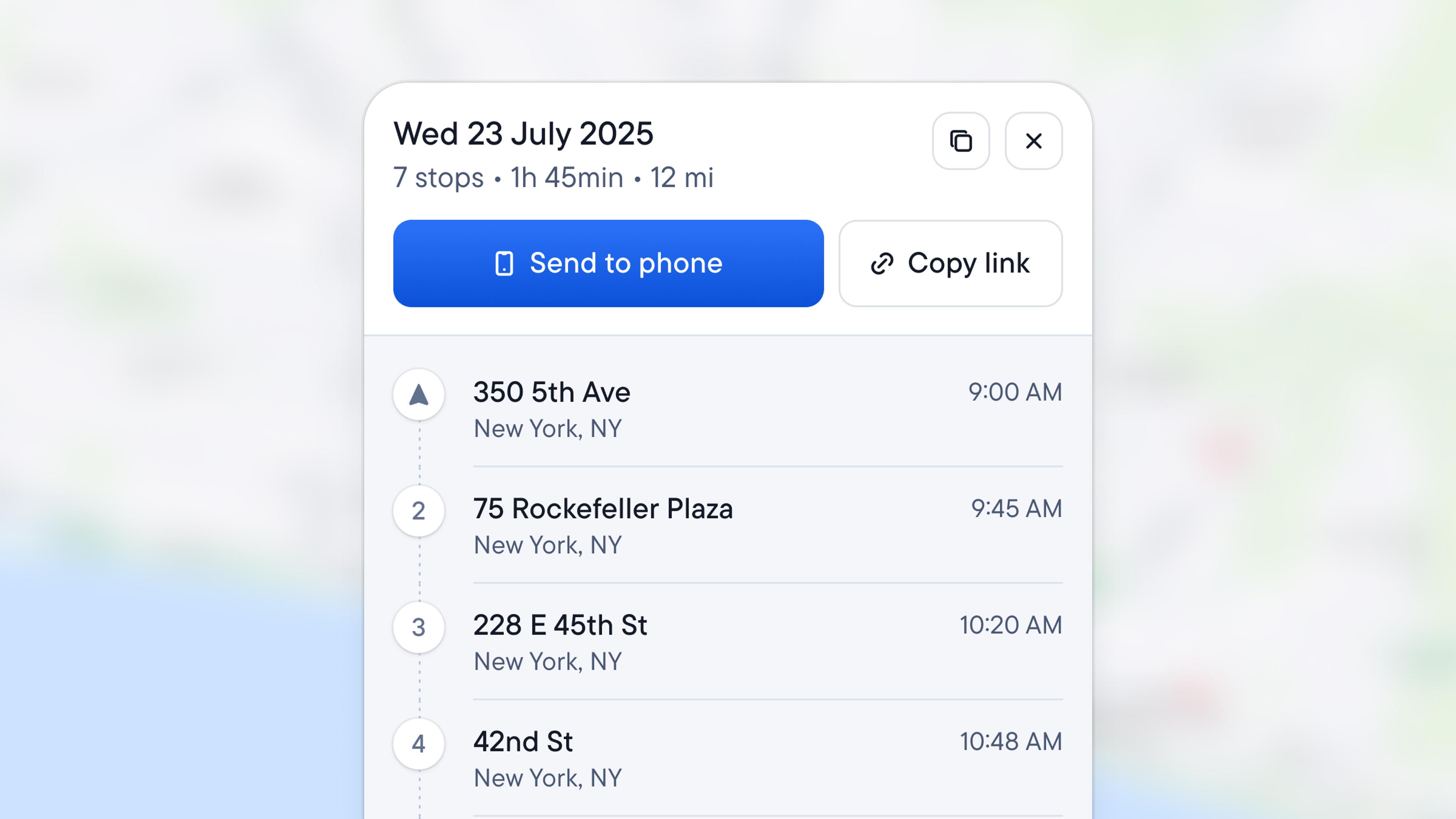 A route plan showing multiple stops in New York City with estimated arrival times, totaling 7 stops, 1h 45min, and 12 miles for Wednesday, July 23, 2025.