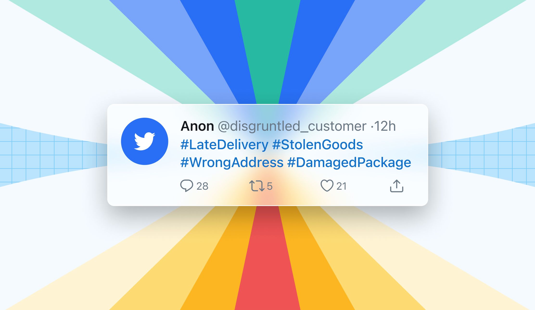 A tweet print with the hashtags #LateDelivery, #StolenGoods, #WrongAddress, and #DamagedPackage
