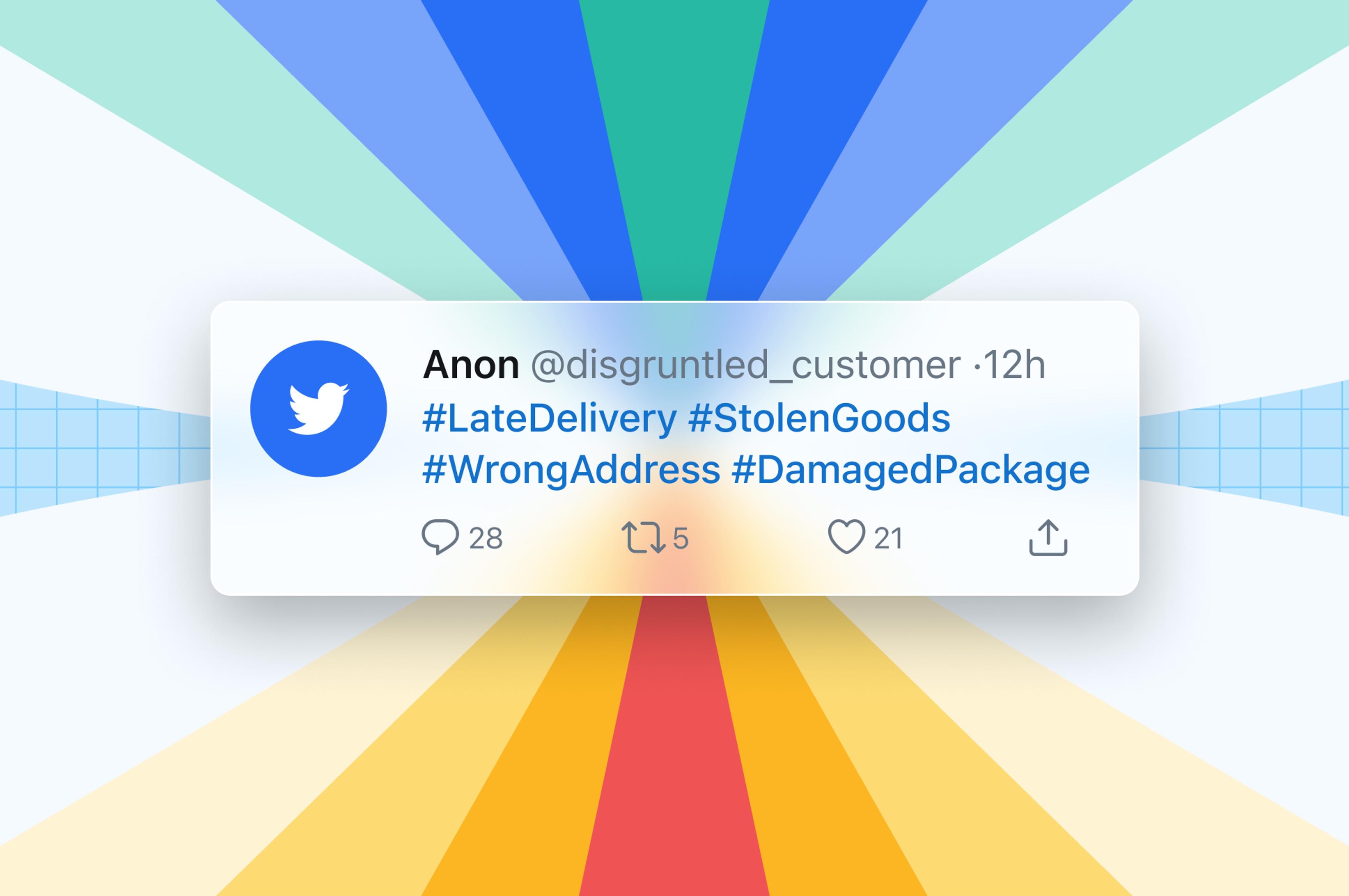 A tweet print with the hashtags #LateDelivery, #StolenGoods, #WrongAddress, and #DamagedPackage