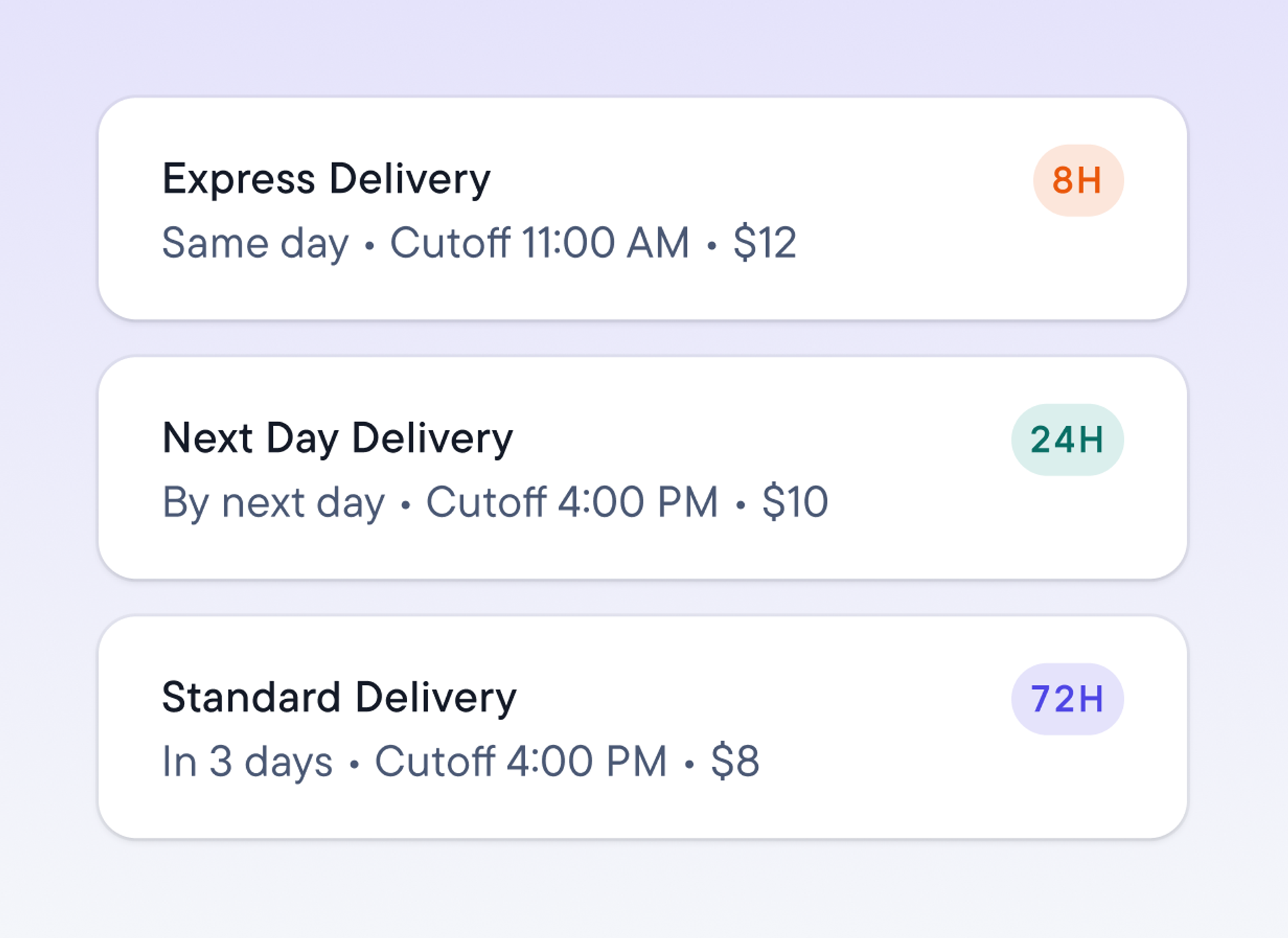 Three delivery services: Express Delivery same day for $12, Next Day Delivery for $10, and Standard Delivery in 3 days for $8