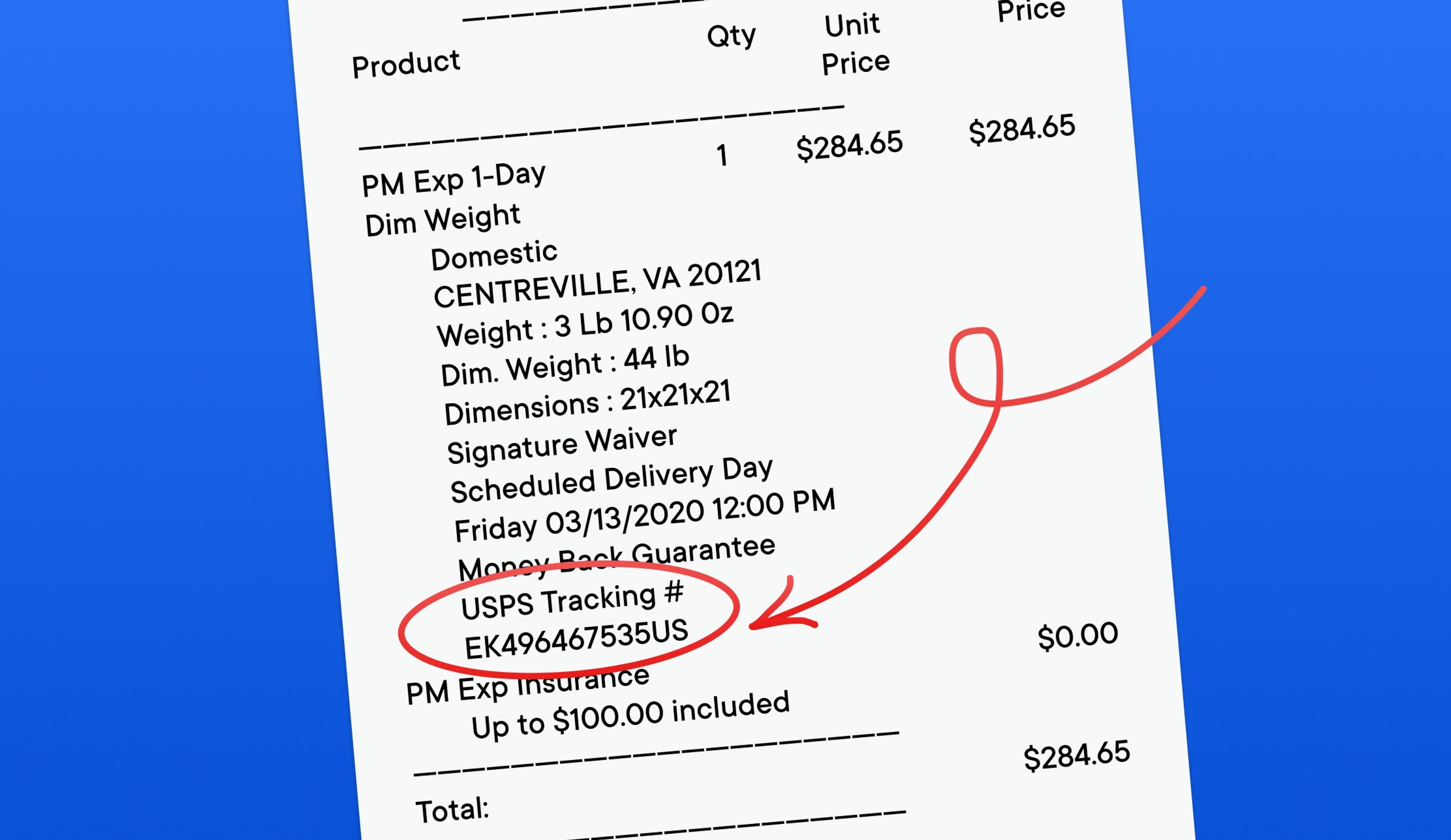 close-up of a recipt showing where a USPS tracking number is