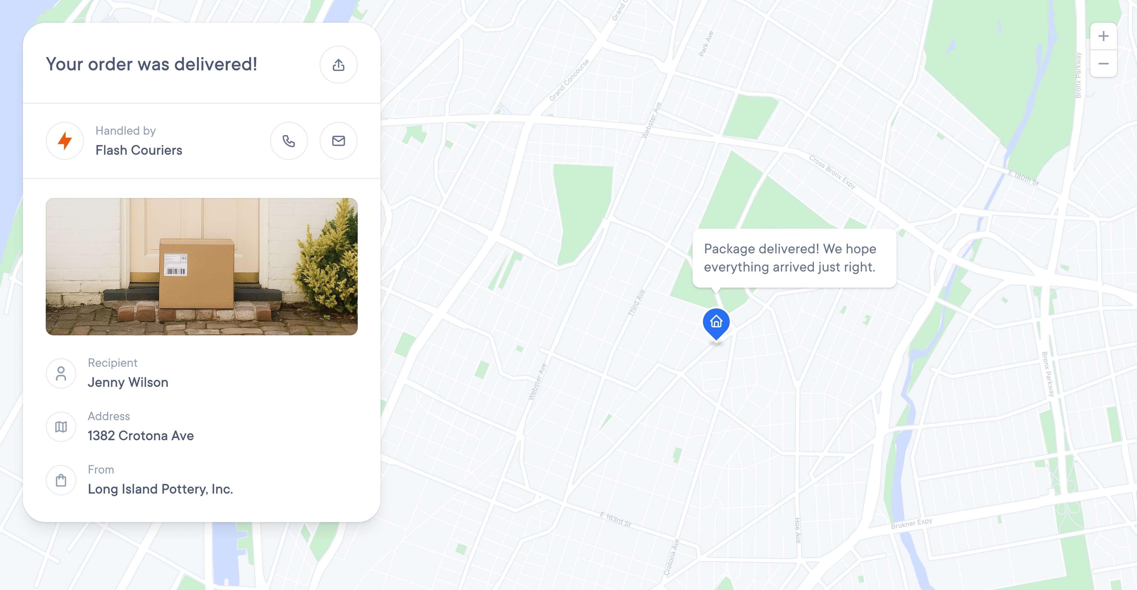 Screenshot of a package tracking app showing a "delivered" notification, a photo of a box on a doorstep, and a map with the delivery location.