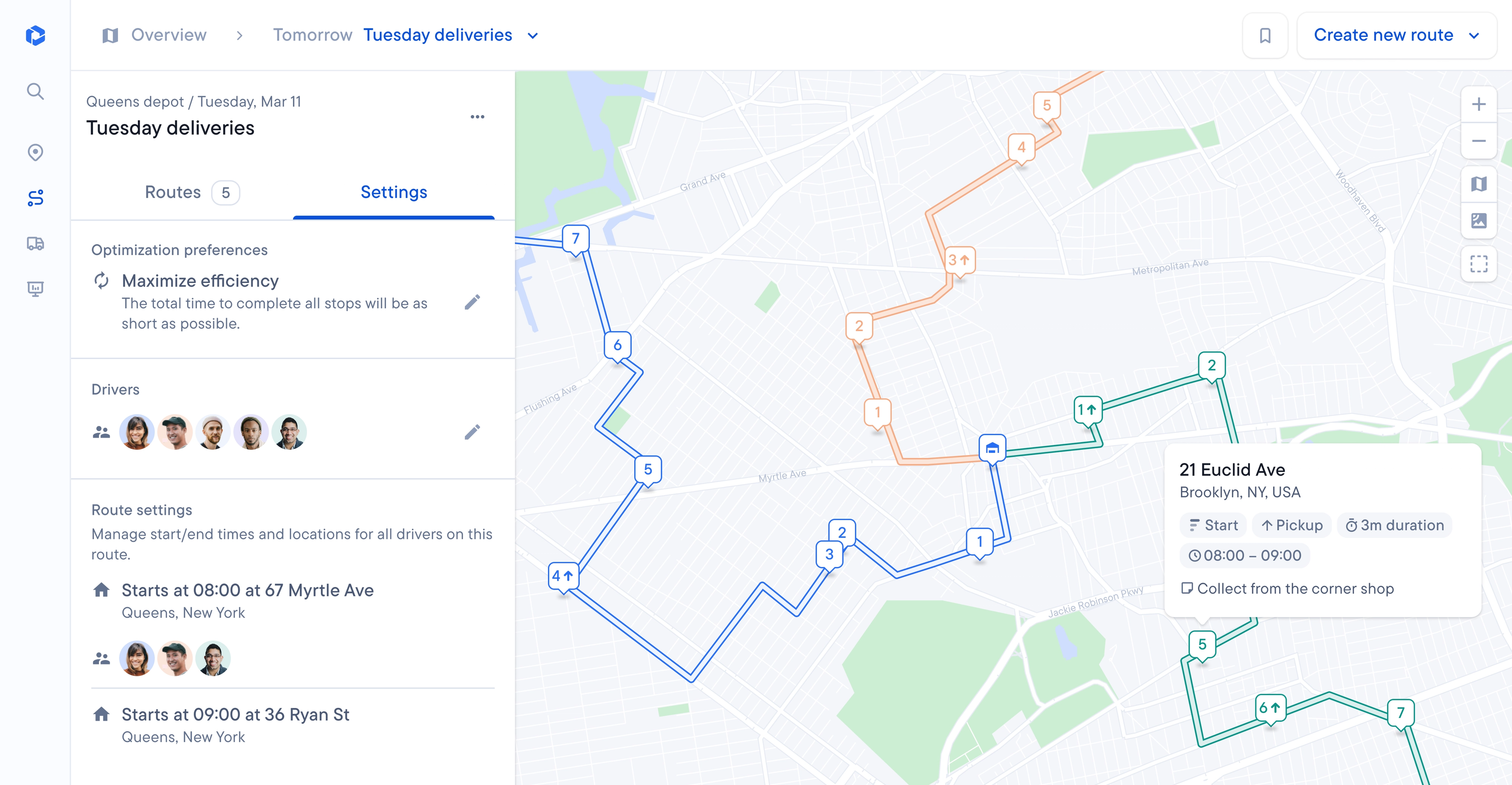 A delivery management software dashboard showing a map with multiple colored routes and optimized stops, alongside a sidebar with settings and a pop-up for a stop at 21 Euclid Ave.