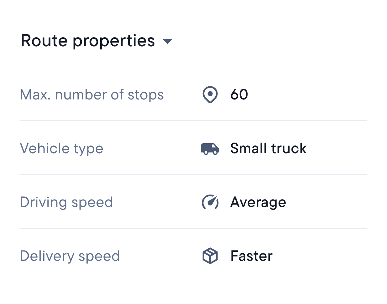 a screen shows the route properties of a small truck