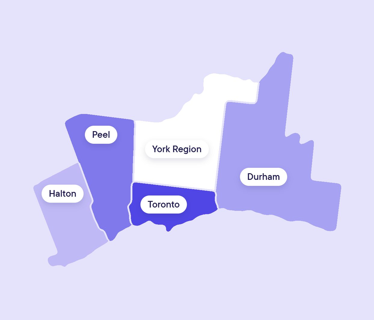 Map showing Halton, Peel, York Region, Toronto, and Durham areas, with Toronto highlighted.
