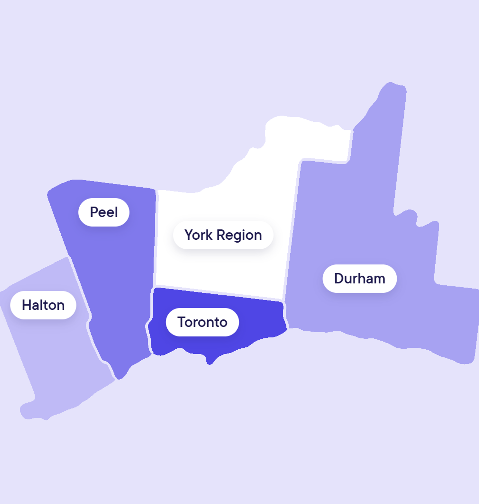 Map showing Halton, Peel, York Region, Toronto, and Durham areas, with Toronto highlighted.