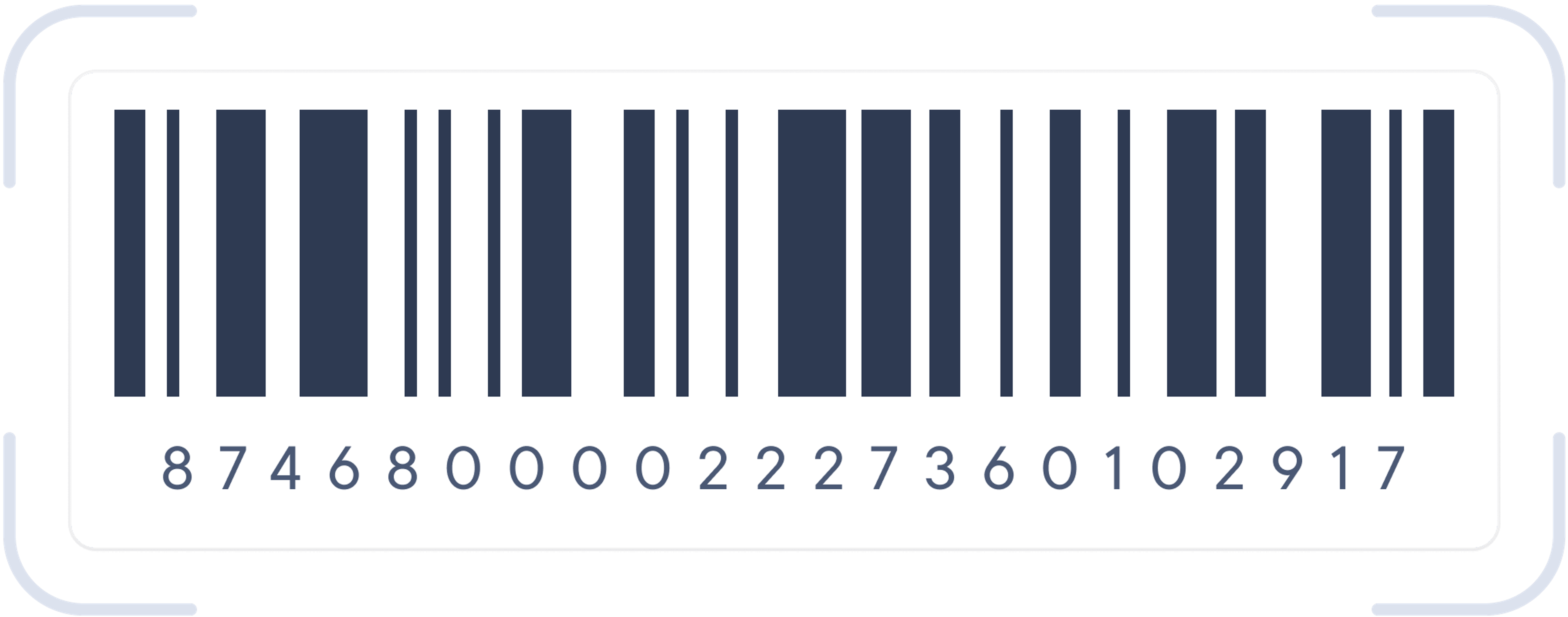 A stylized barcode with the number sequence “8746800002227360102917” beneath evenly spaced dark bars.