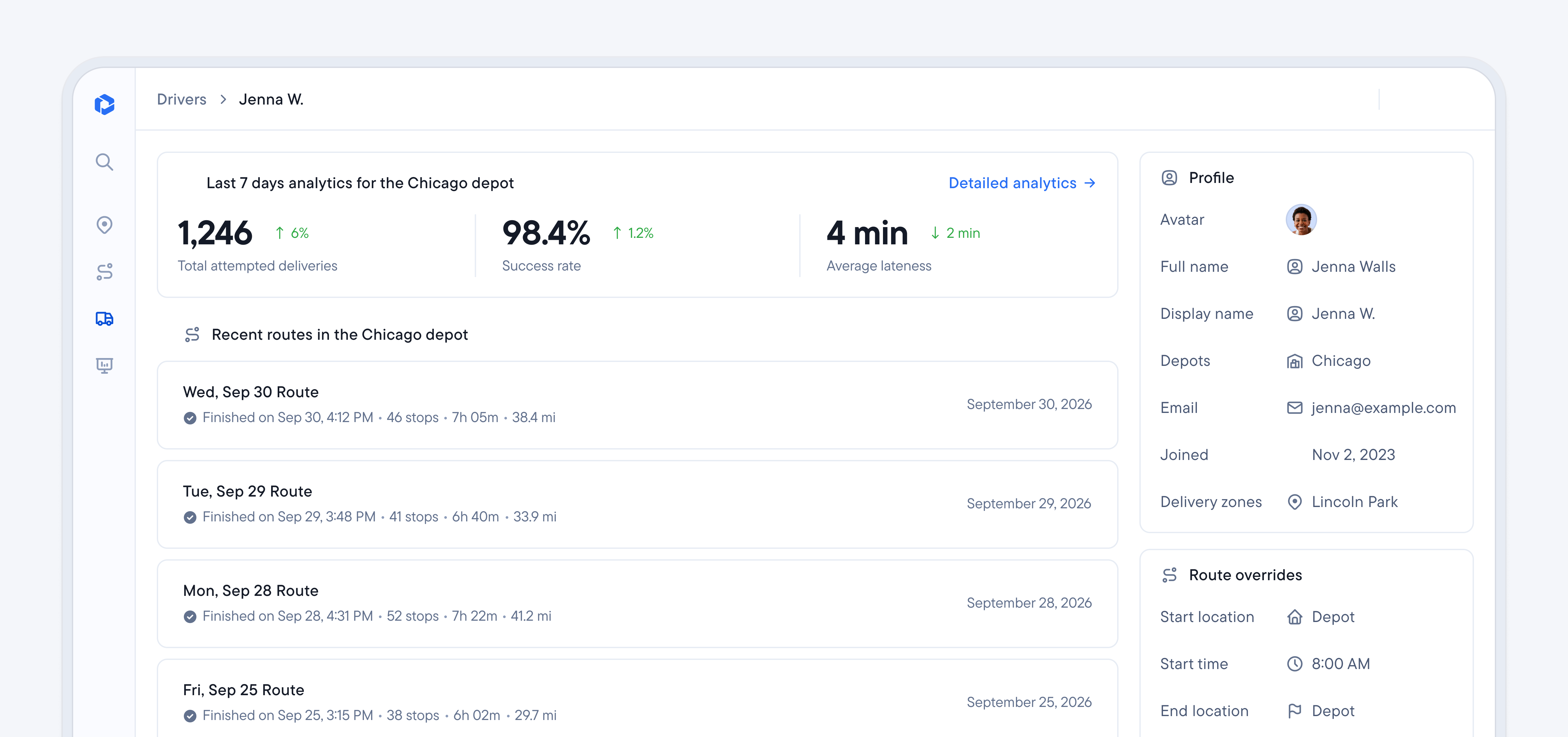 Spoke Dispatch driver page with last 7 days analytics and recent routes with finish times