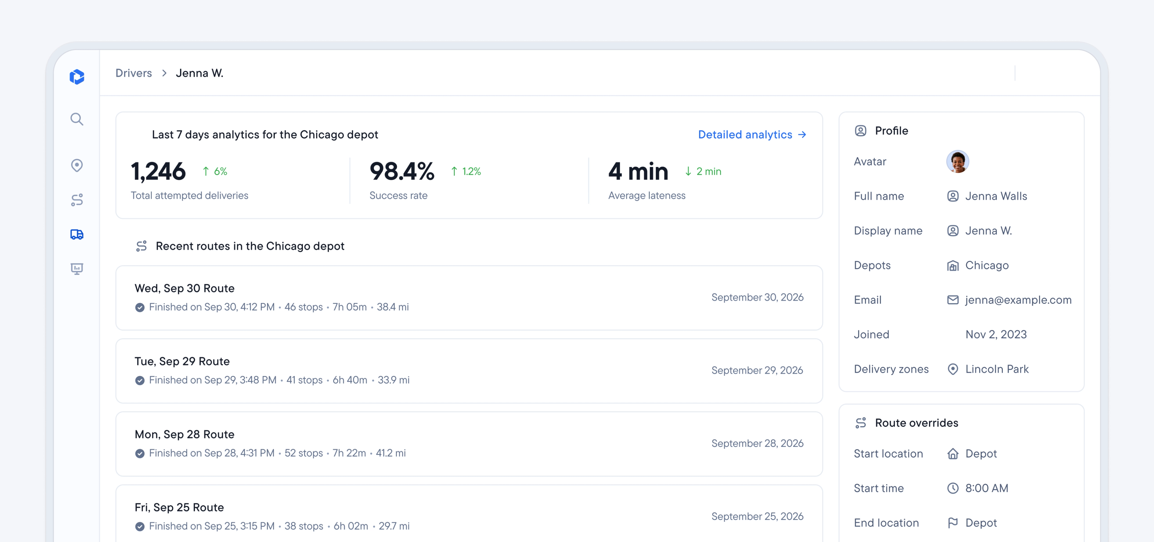 Spoke Dispatch driver page with last 7 days analytics and recent routes with finish times