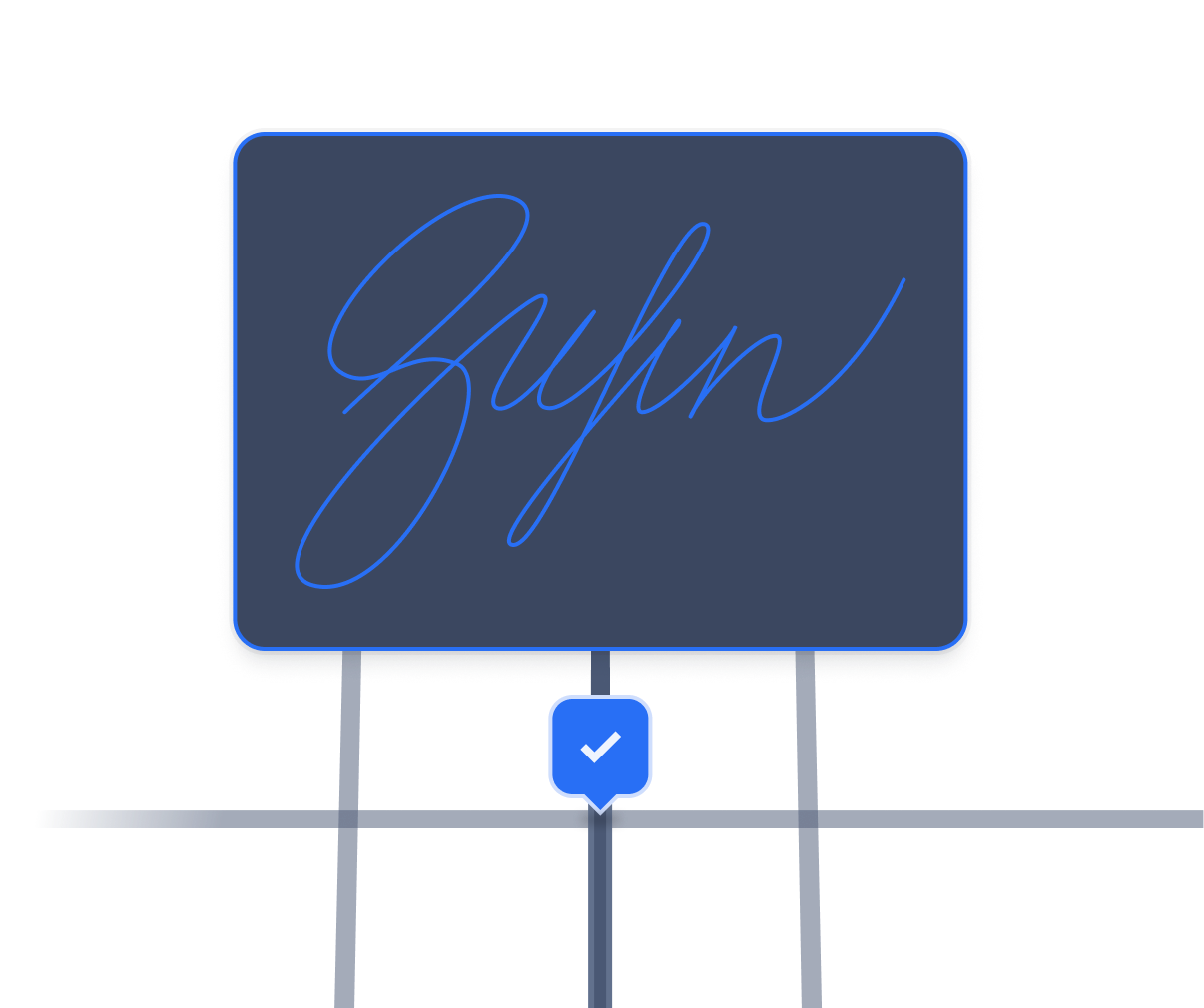 Digital signature panel with the name ‘Zyfin’ displayed, sitting atop a grid-style layout with a checkmark pin below, representing a completed proof of delivery.