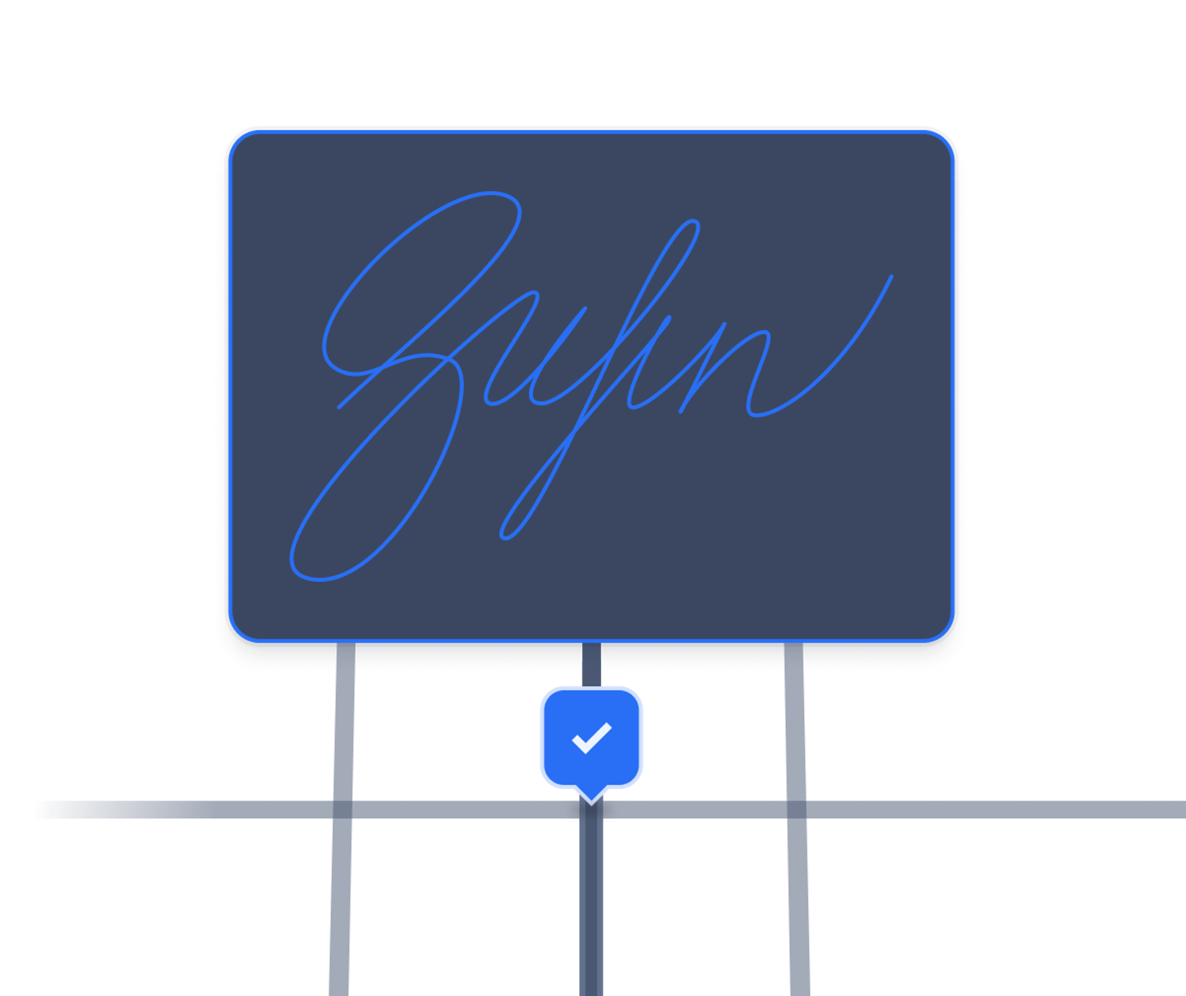 Digital signature panel with the name ‘Zyfin’ displayed, sitting atop a grid-style layout with a checkmark pin below, representing a completed proof of delivery.