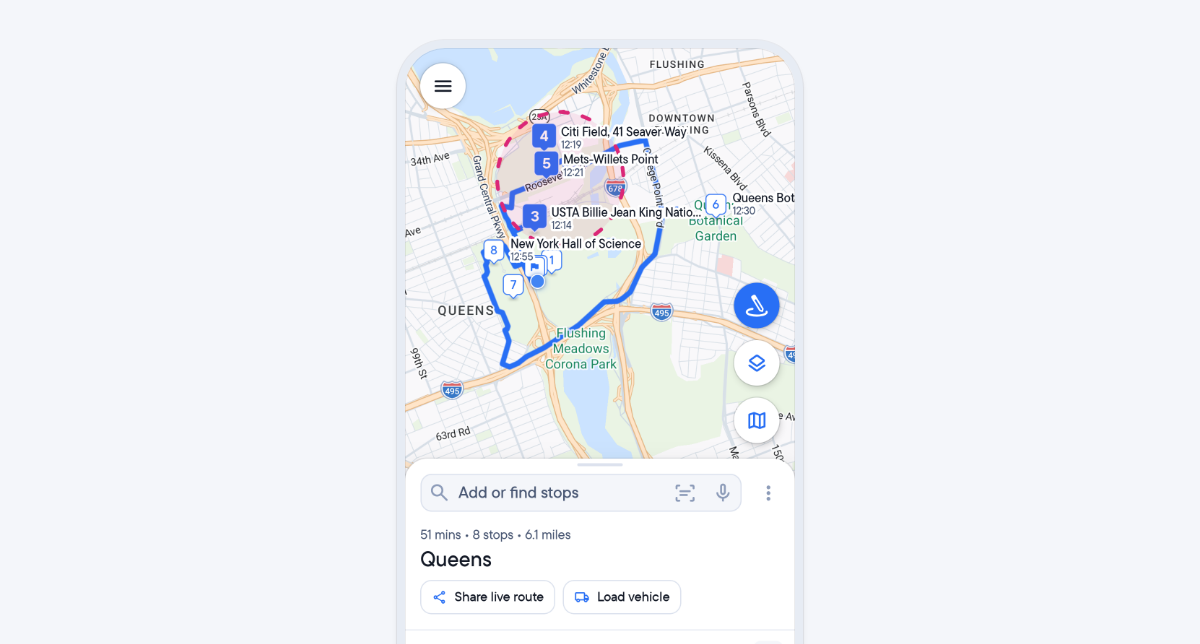 A smartphone displays a map app showing a multi-stop route in Queens, New York, with an "Edit 3 stops" menu at the bottom.