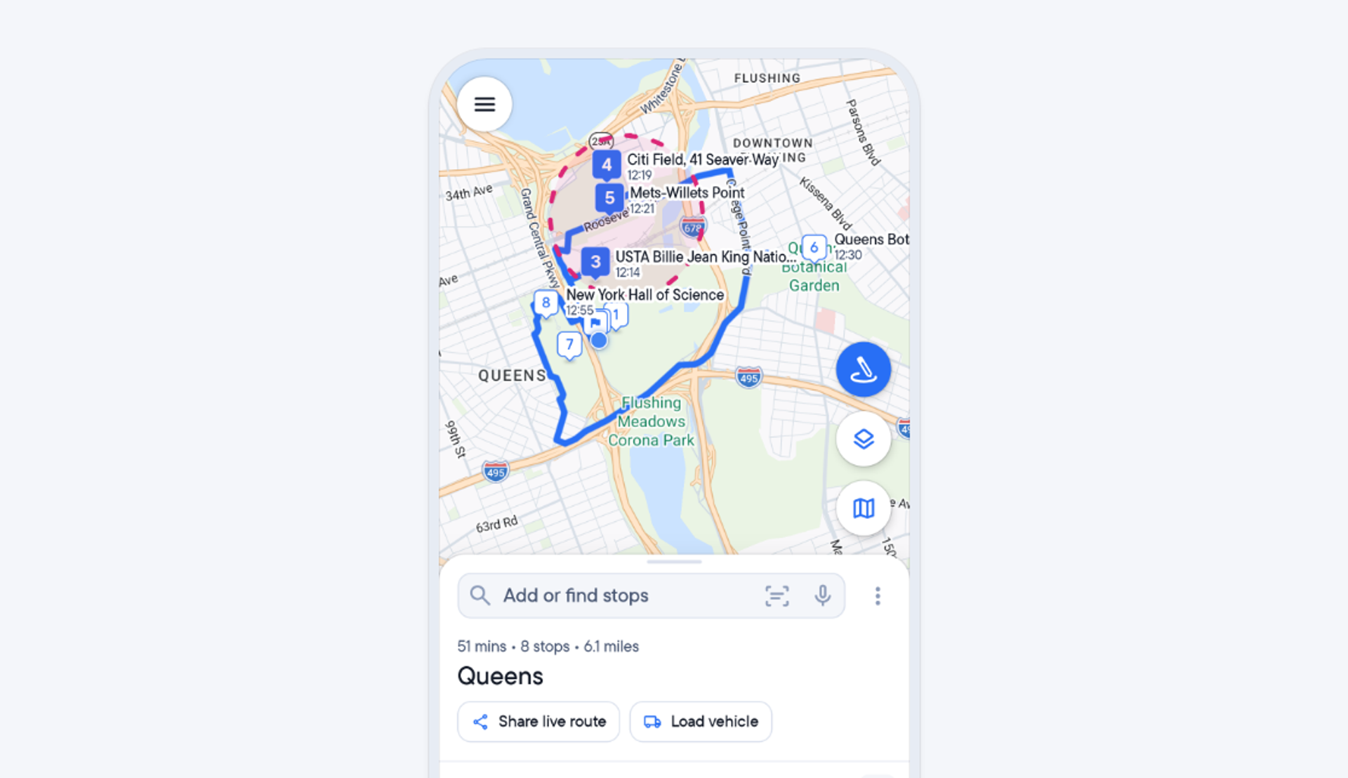 A smartphone displays a map app showing a multi-stop route in Queens, New York, with an "Edit 3 stops" menu at the bottom.