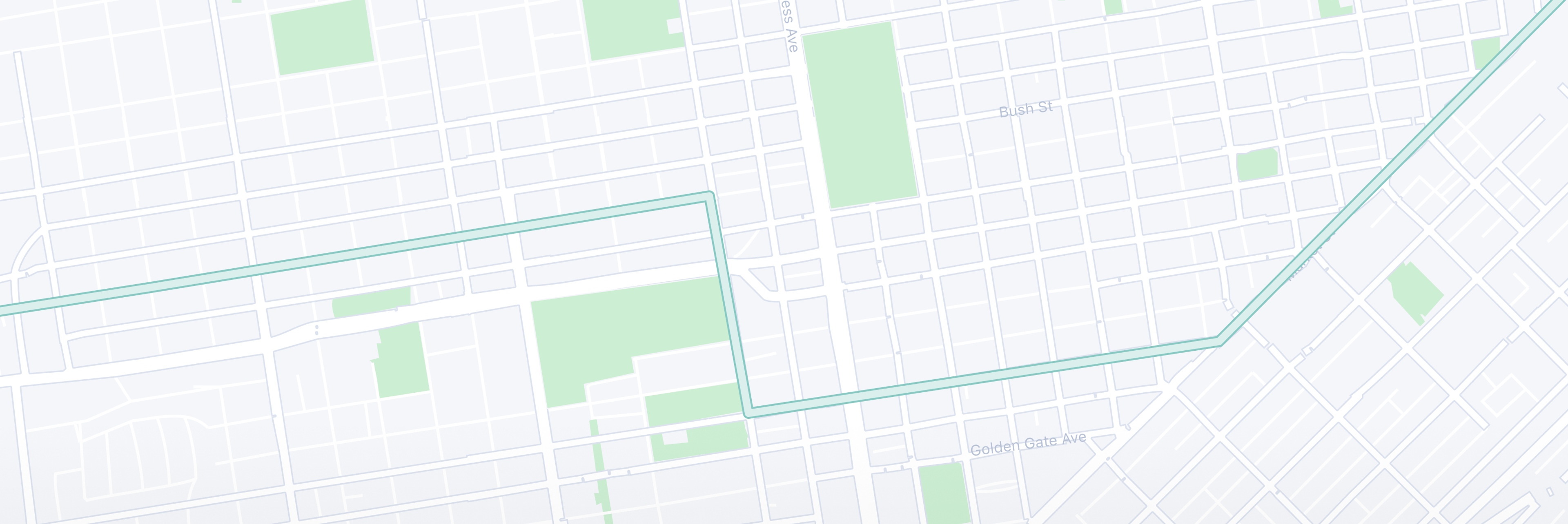 A minimalist map showing city blocks, green spaces, and a light blue route.