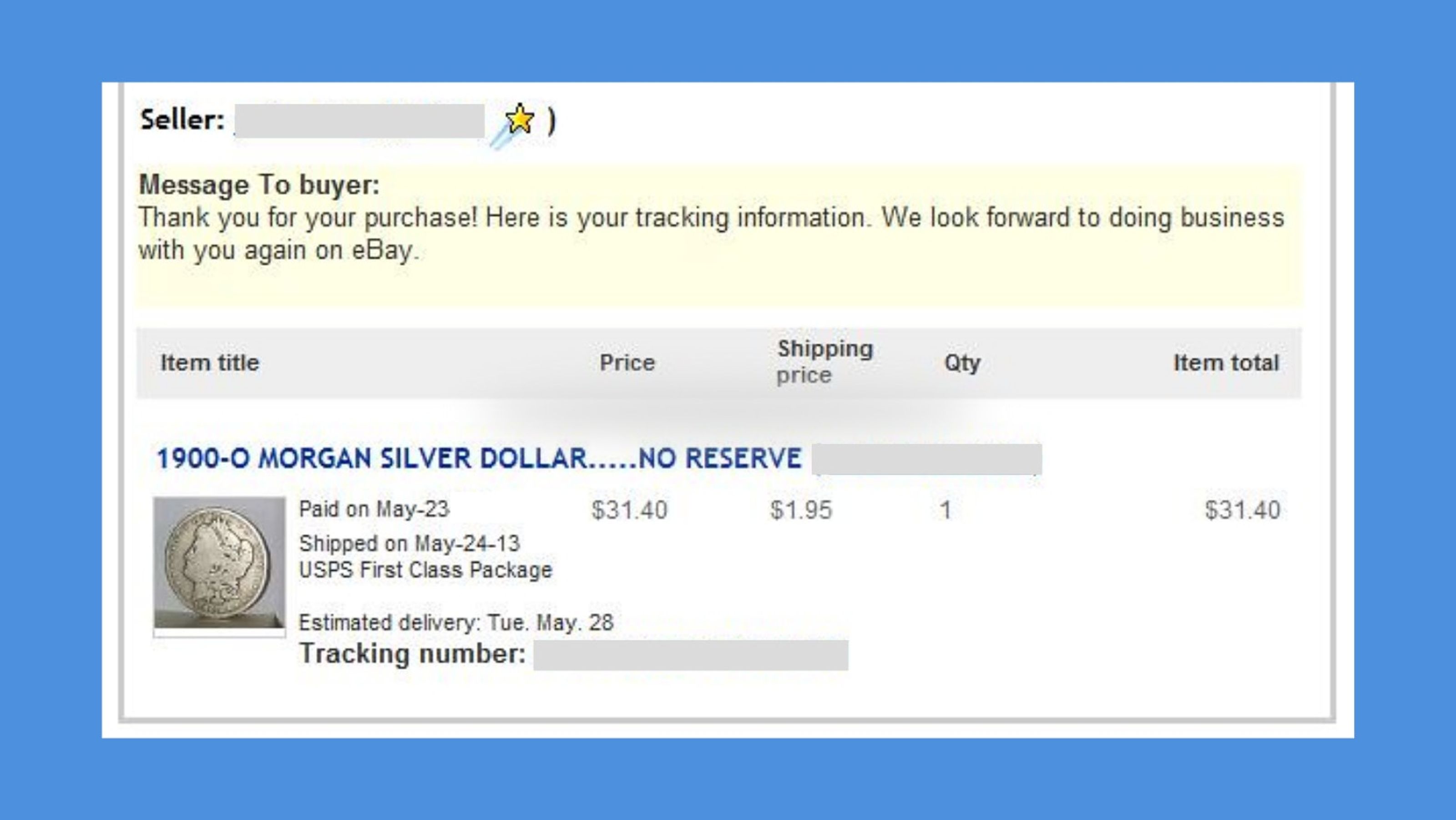 eBay tracking seller confirmation email with tracking number.