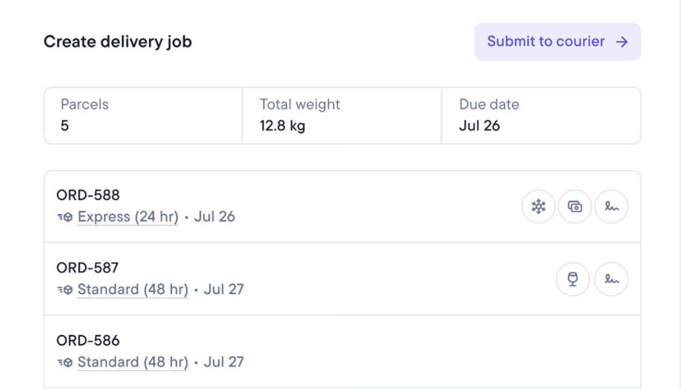 User interface for creating a delivery job, showing 5 parcels, total weight 12.8 kg, due July 26, and a list of orders with details like ORD-588 Express.